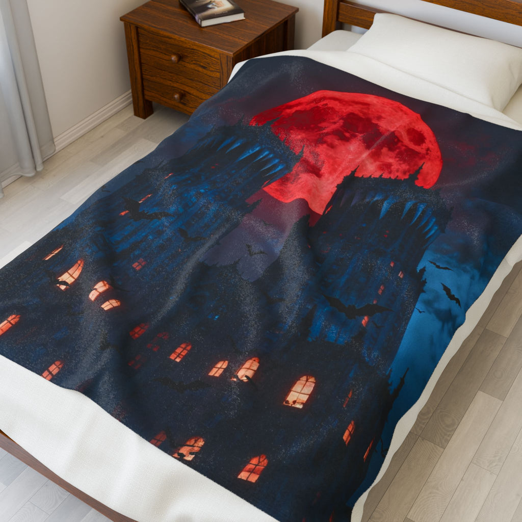 Gothic Castle with Red Blood Moon Velveteen Plush Blanket | Haunted Night, Bats