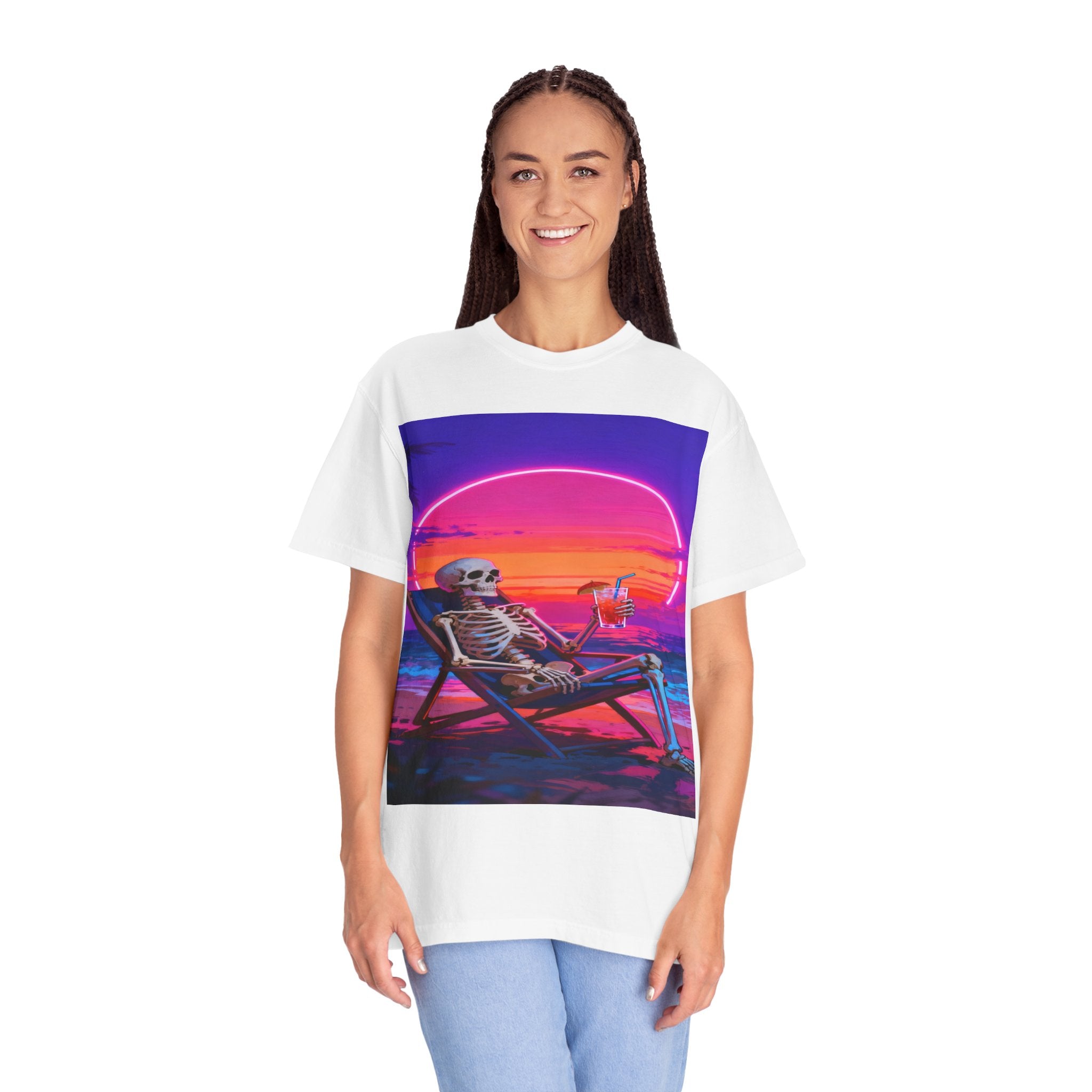 Skeleton on Beach T-shirt | Retro Neon Sunset Vaporwave