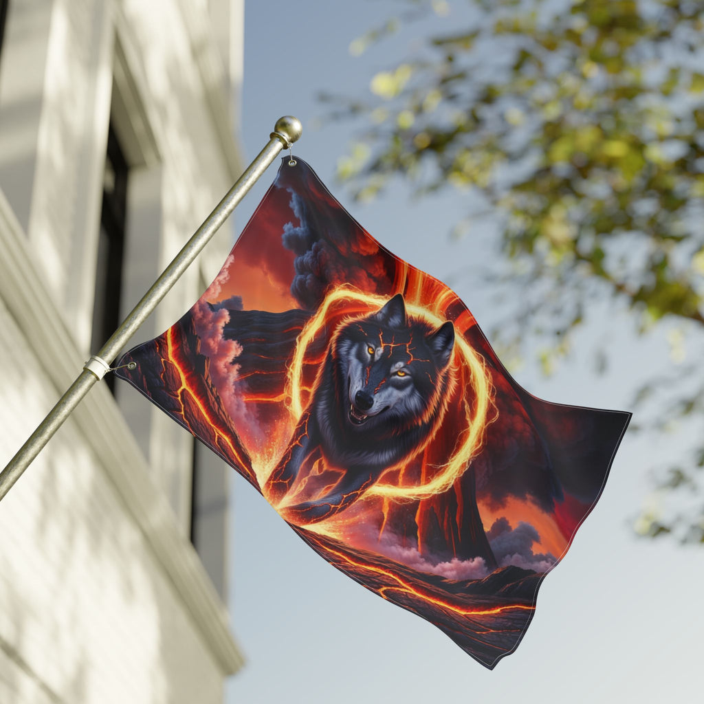 Fiery Wolf with Lava Ring Flag | Double-Sided Flag, Volcano Night Scene