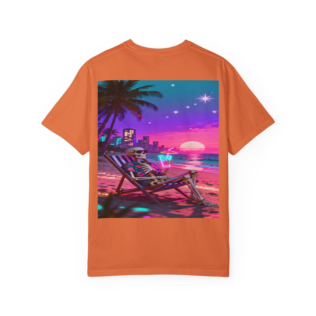 Skeleton on Beach T-shirt | Retro Neon Sunset Vaporwave