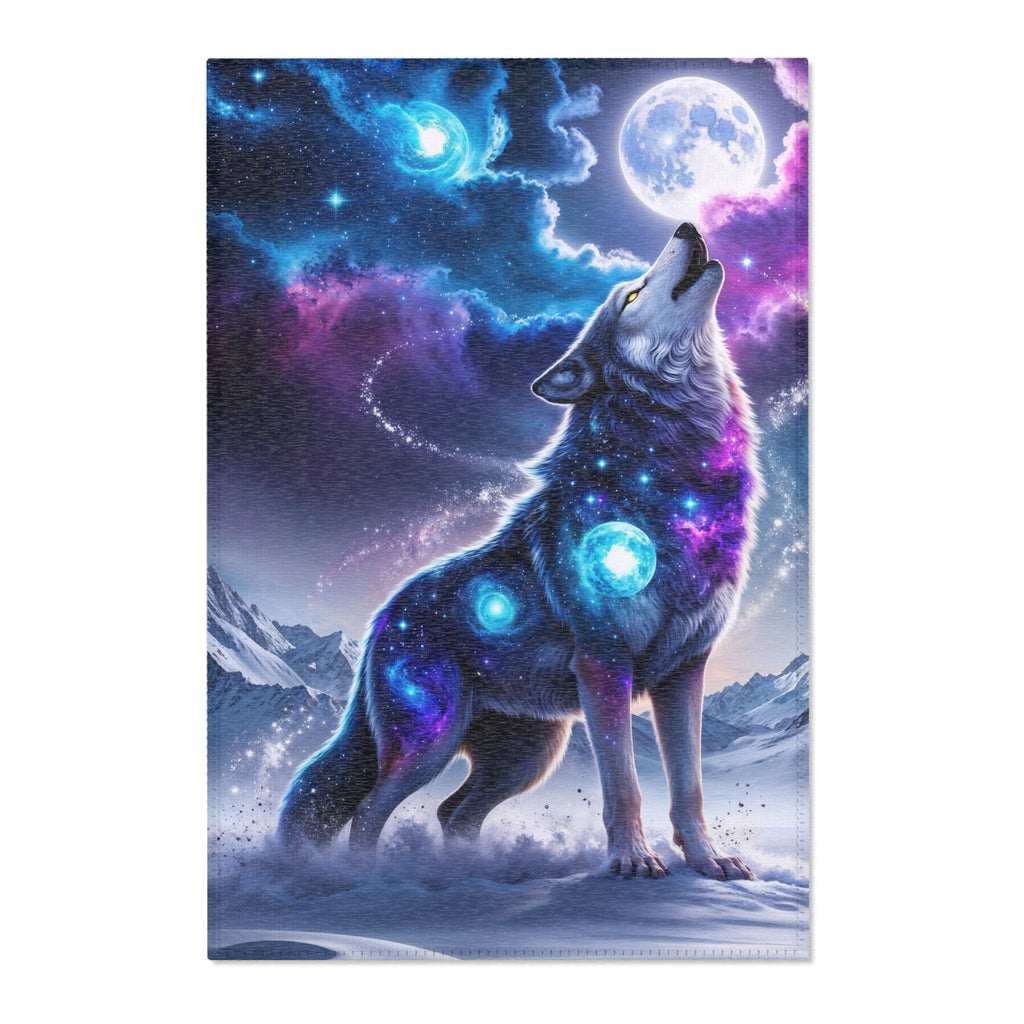 Galaxy Wolf Howling Area Rug | Cosmic Moon Night Sky, Blue Purple Nebula