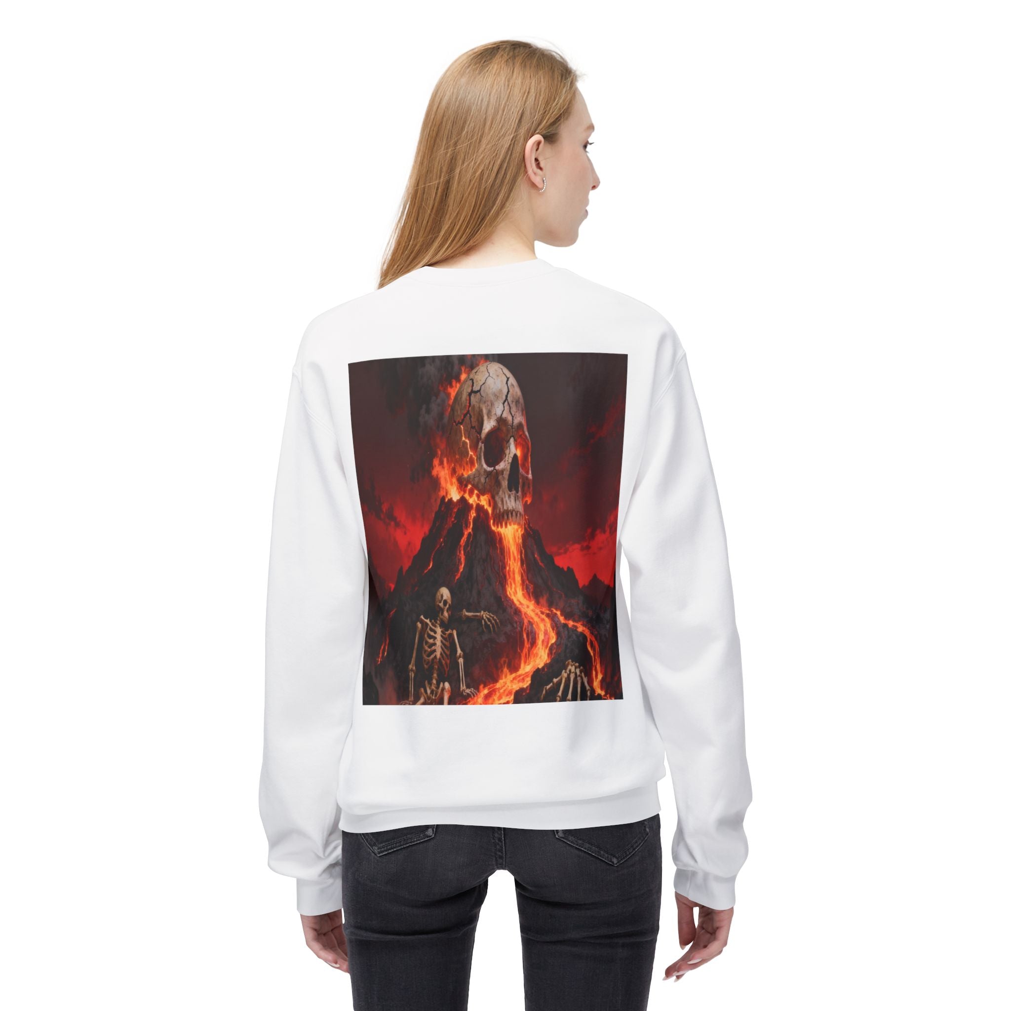 Raven on Skull Crewneck Sweatshirt | Skull Volcano Back Print
