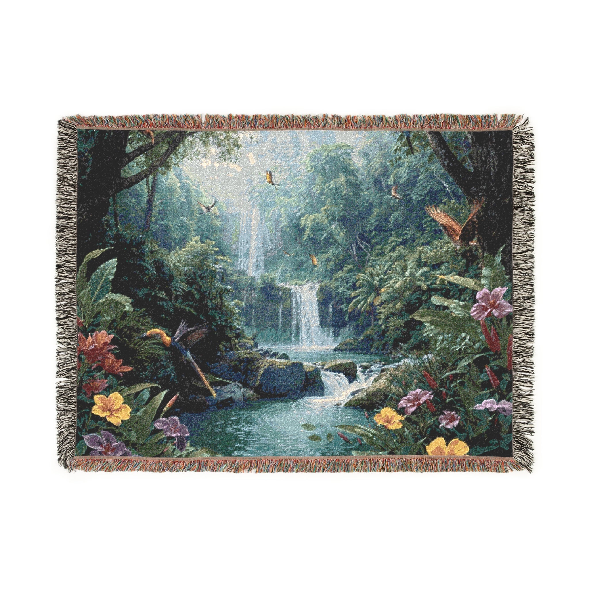 Tropical Waterfall Woven Blanket | Jungle Falls Throw, Lush Forest Scenic Throw