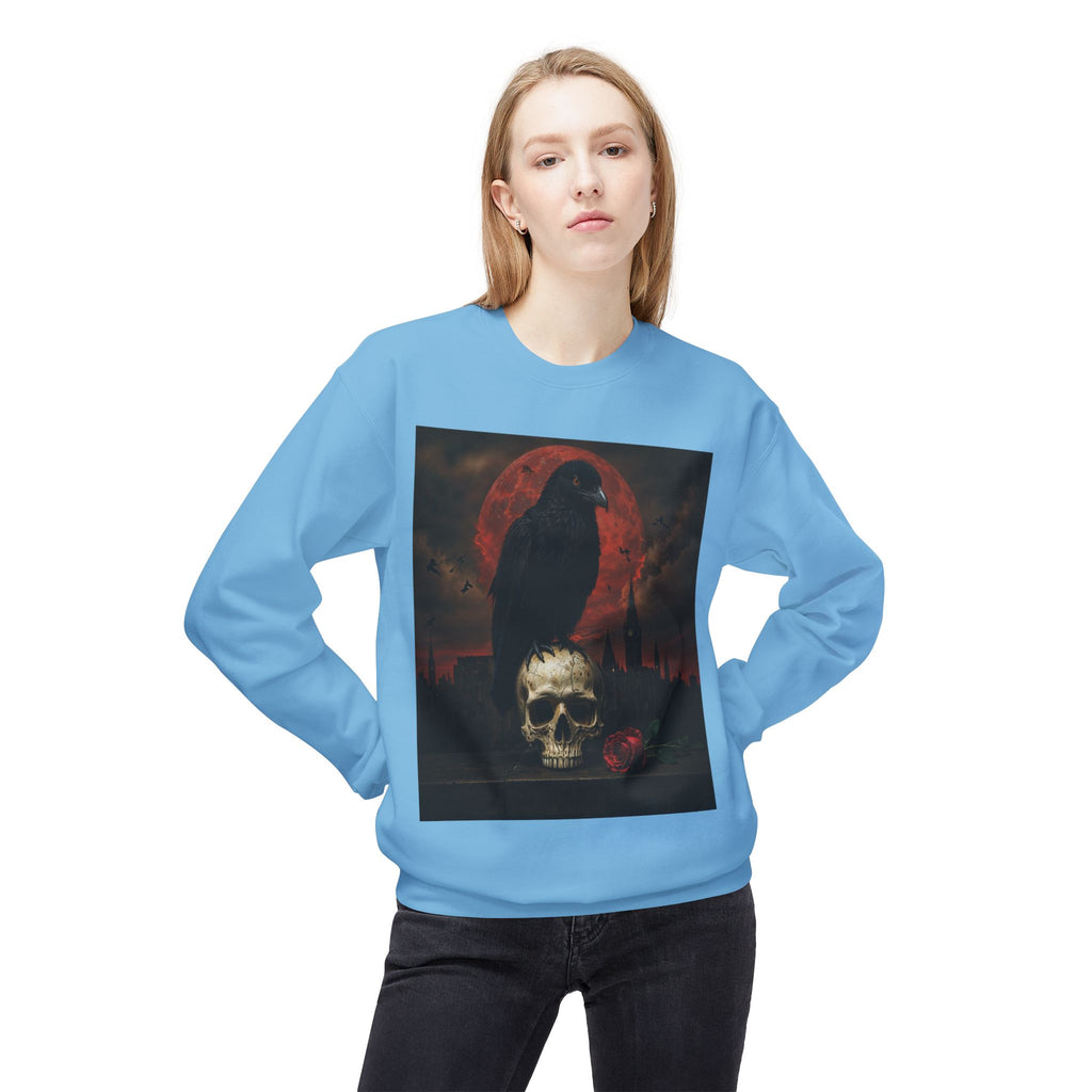 Raven on Skull Crewneck Sweatshirt | Skull Volcano Back Print