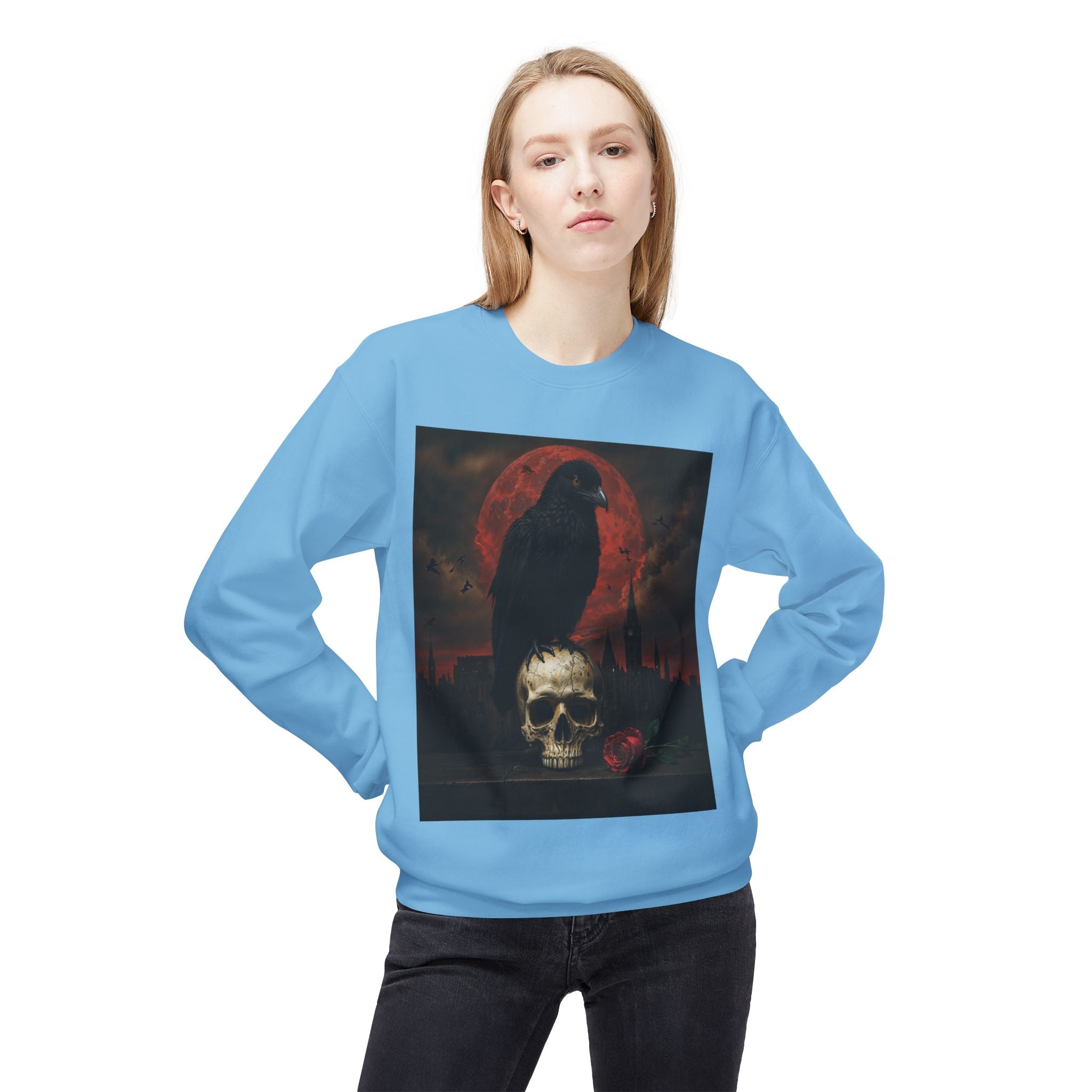 Raven on Skull Crewneck Sweatshirt | Skull Volcano Back Print