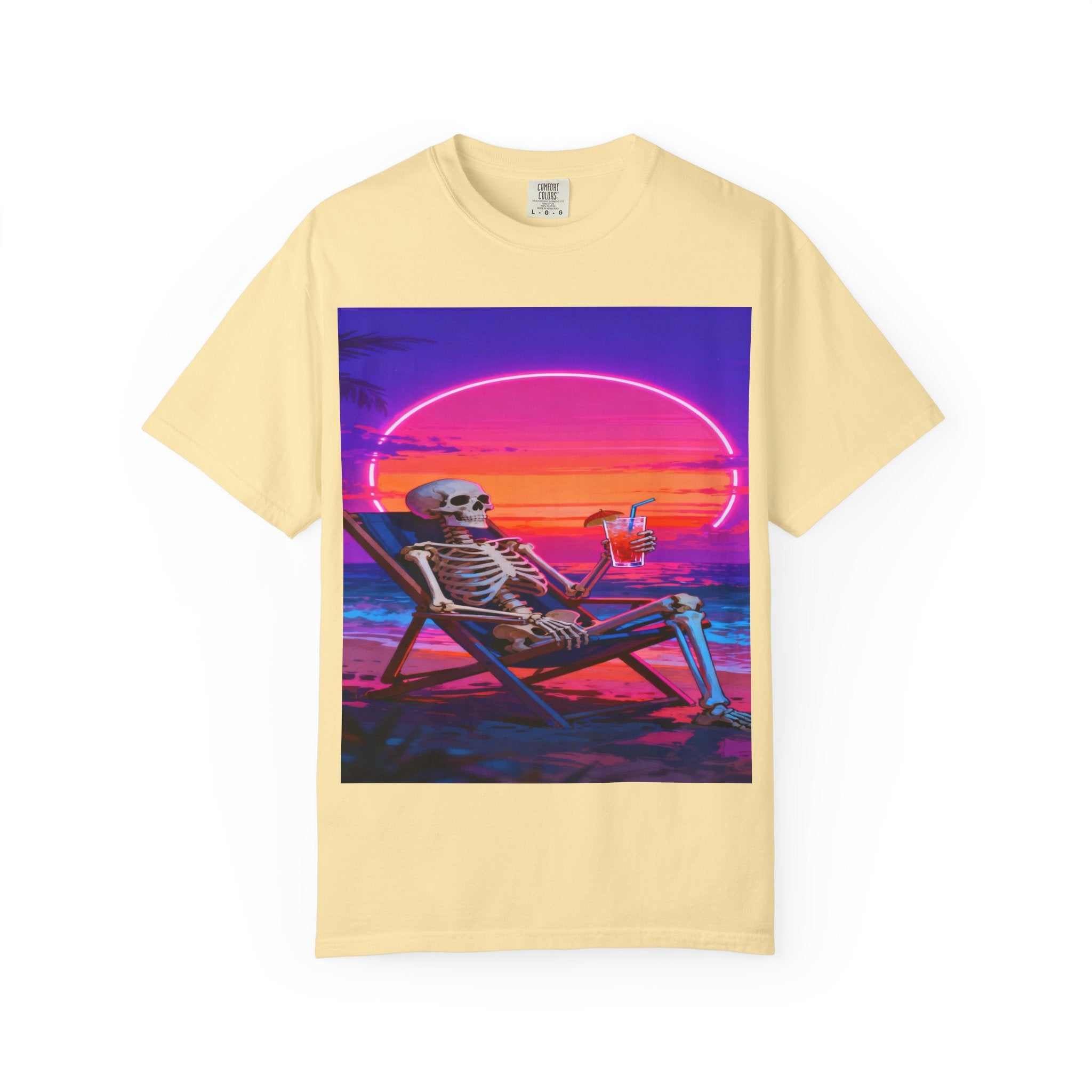 Skeleton on Beach T-shirt | Retro Neon Sunset Vaporwave