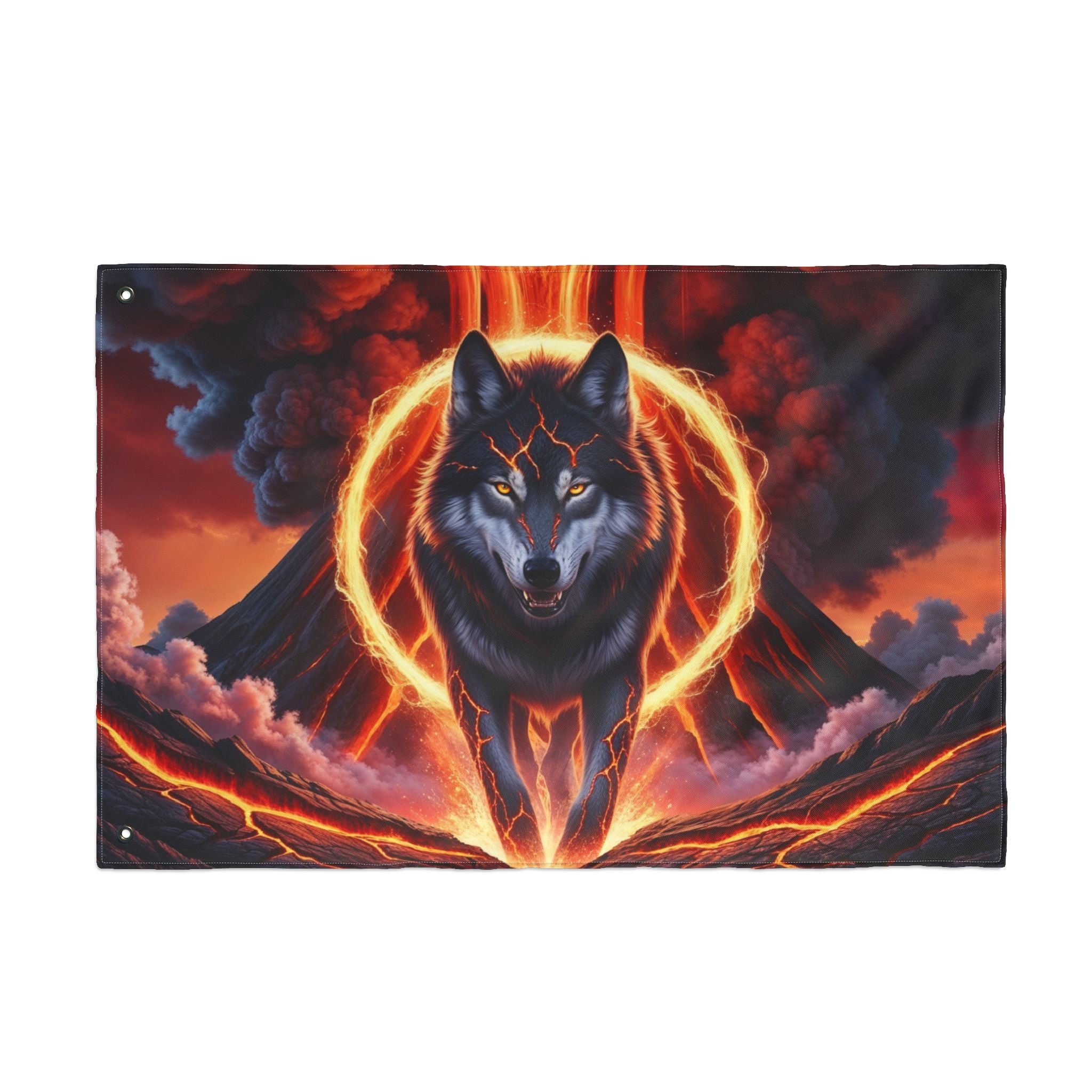 Fiery Wolf with Lava Ring Flag | Double-Sided Flag, Volcano Night Scene
