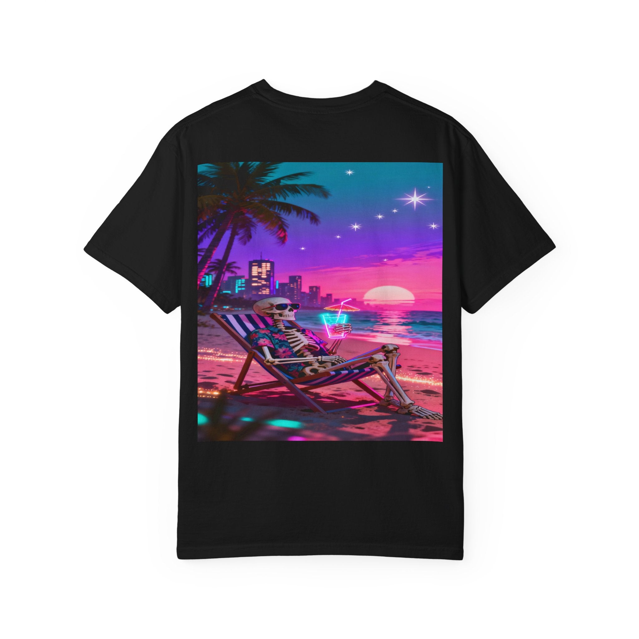 Skeleton on Beach T-shirt | Retro Neon Sunset Vaporwave