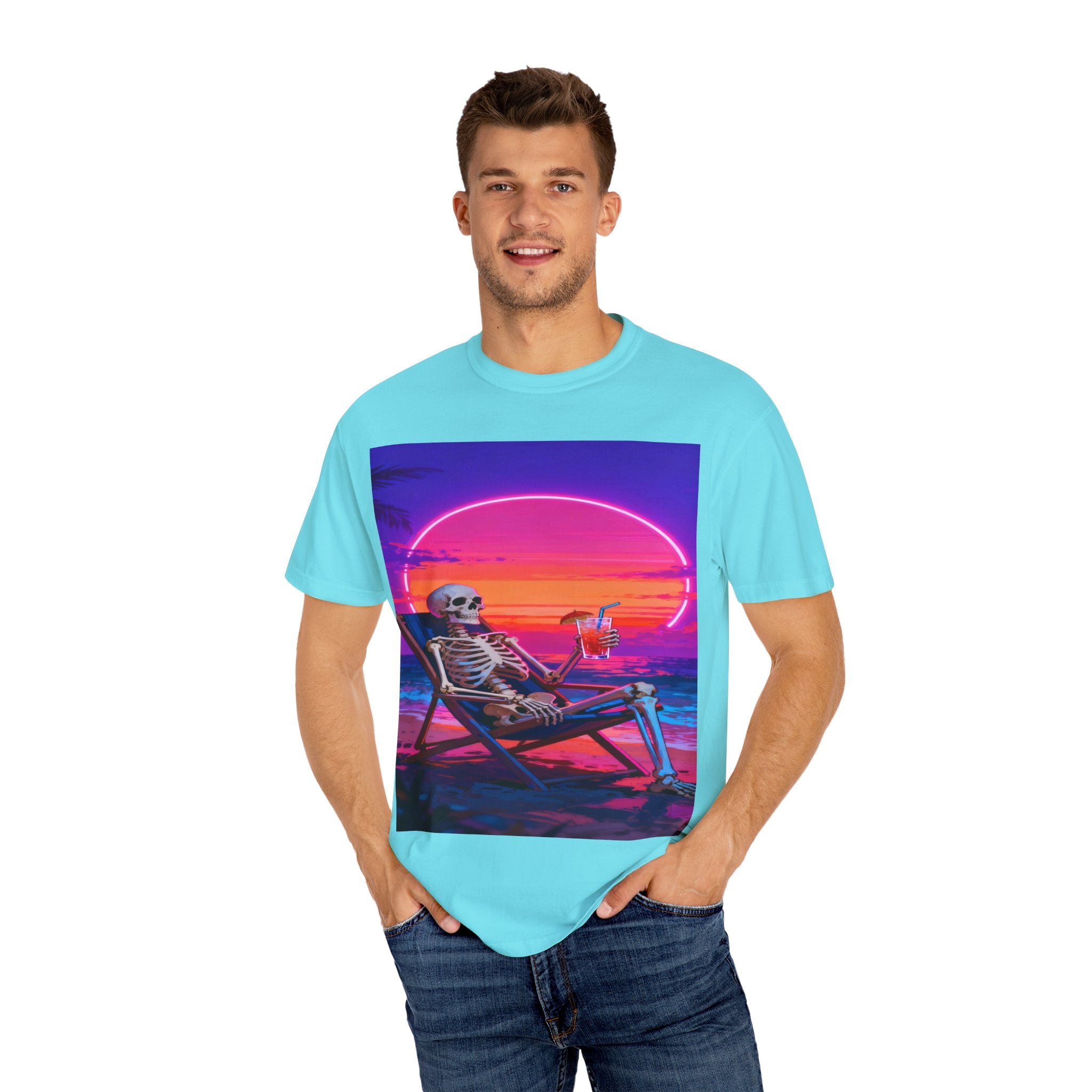 Skeleton on Beach T-shirt | Retro Neon Sunset Vaporwave