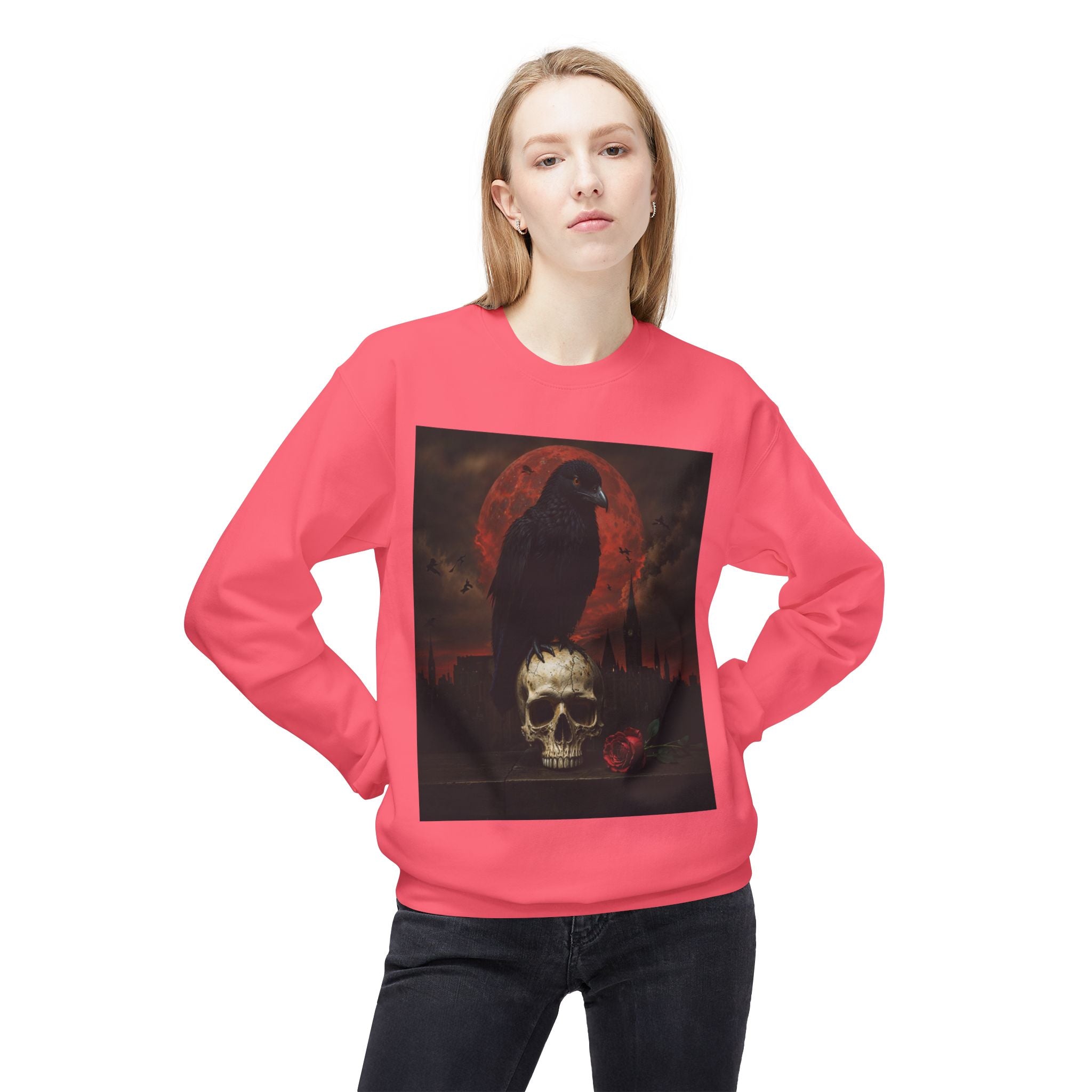 Raven on Skull Crewneck Sweatshirt | Skull Volcano Back Print