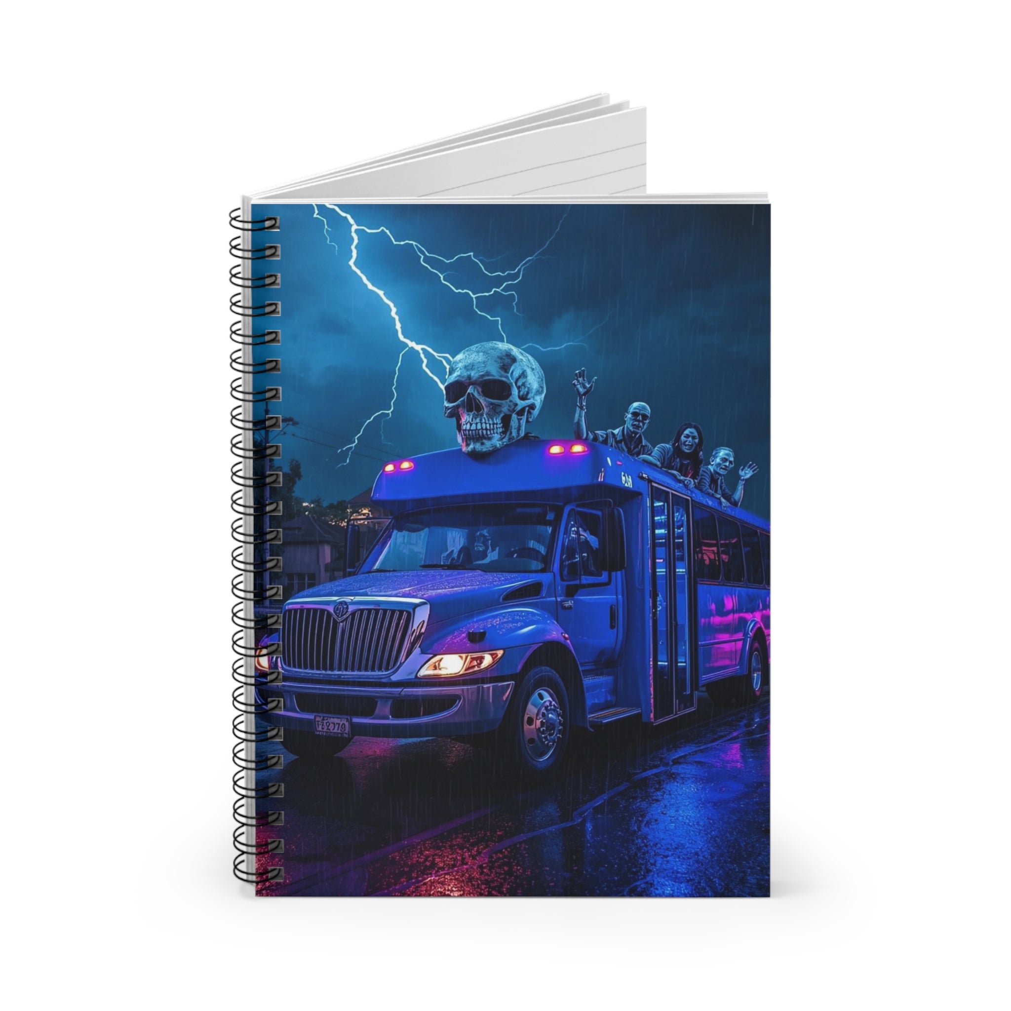 Spooky Skull Party Bus Spiral Notebook — Ruled Journal for Halloween & Gothic Fans