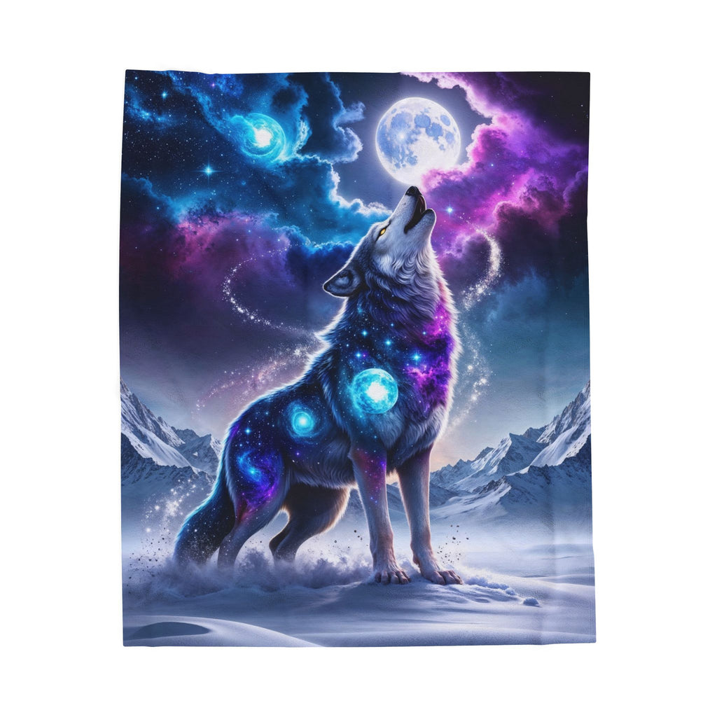 Galaxy Wolf Howling Velveteen Plush Blanket | Cosmic Moon Wolf Throw
