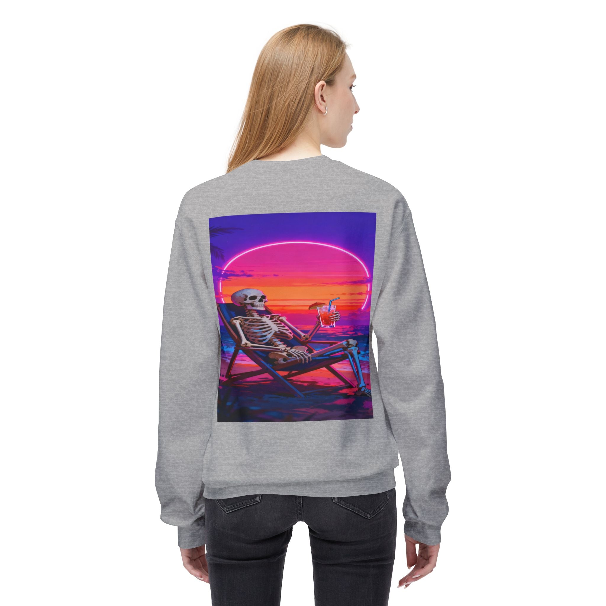 Retro Vaporwave Skeleton Beach Sweatshirt | Neon Sunset Aesthetic