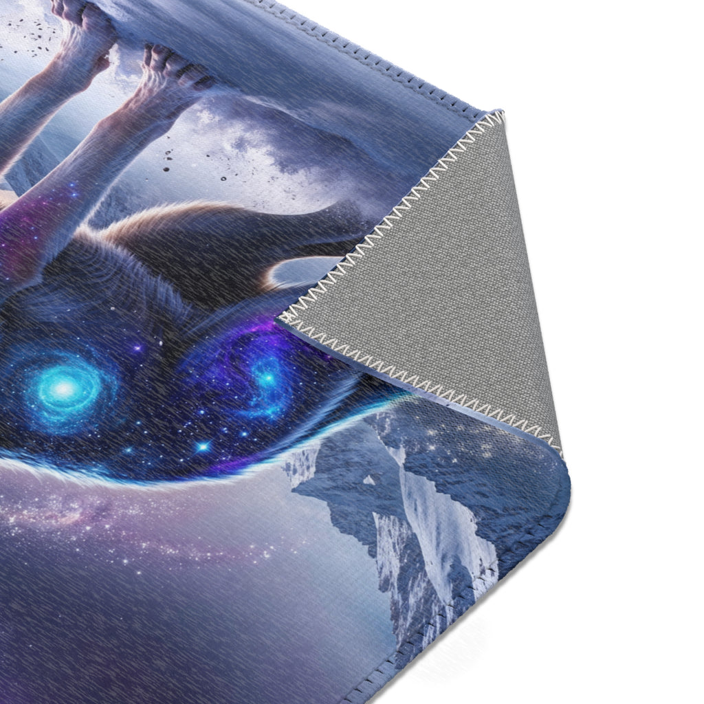 Galaxy Wolf Howling Area Rug | Cosmic Moon Night Sky, Blue Purple Nebula