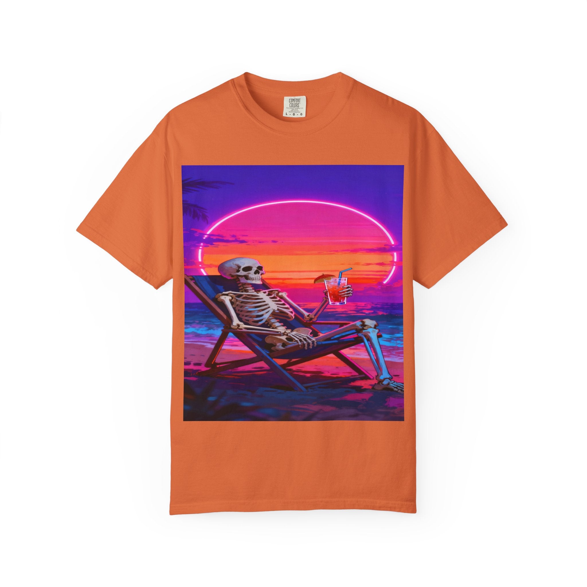 Skeleton on Beach T-shirt | Retro Neon Sunset Vaporwave