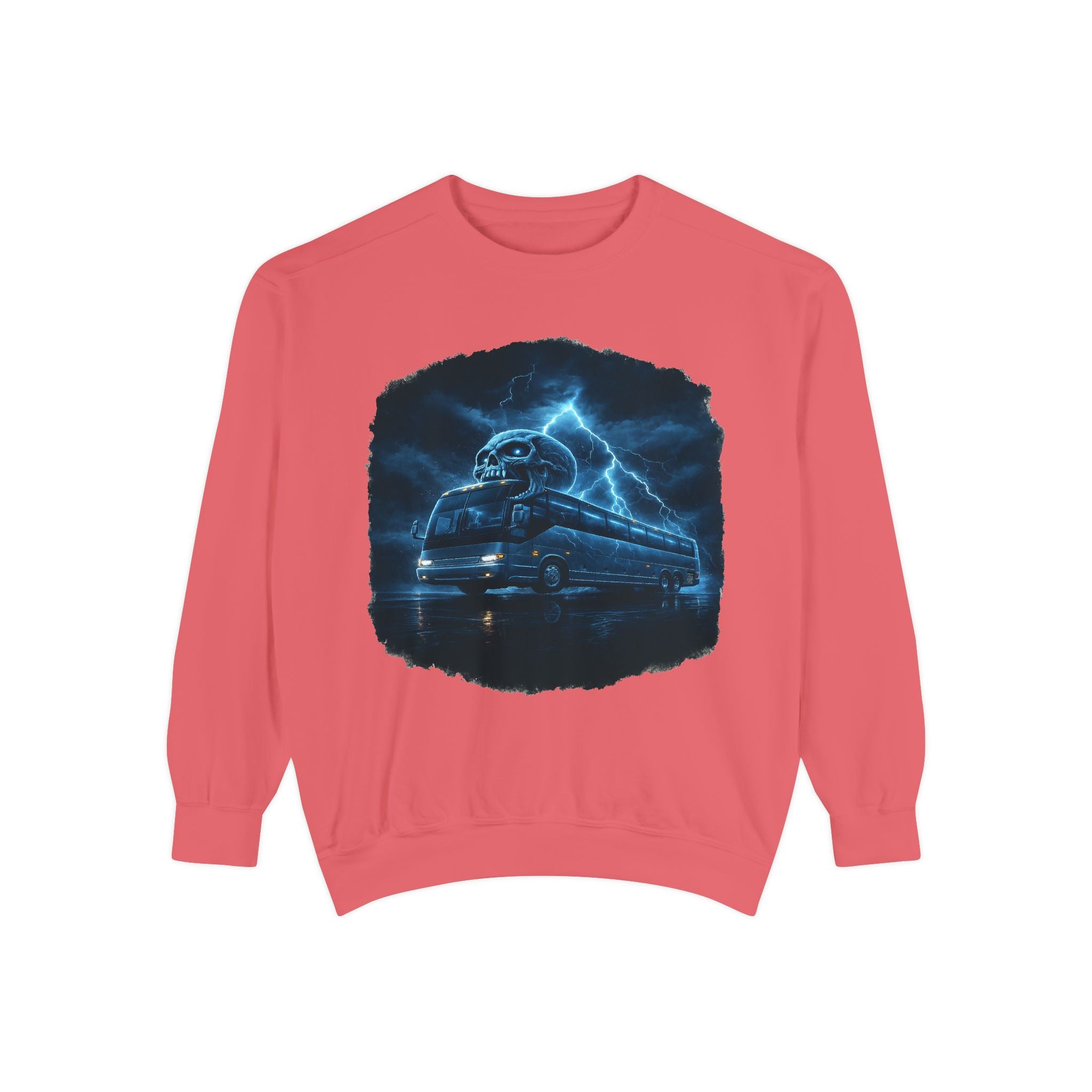 Ghostly Night Bus Sweatshirt — Haunted Storm Road Trip Crewneck