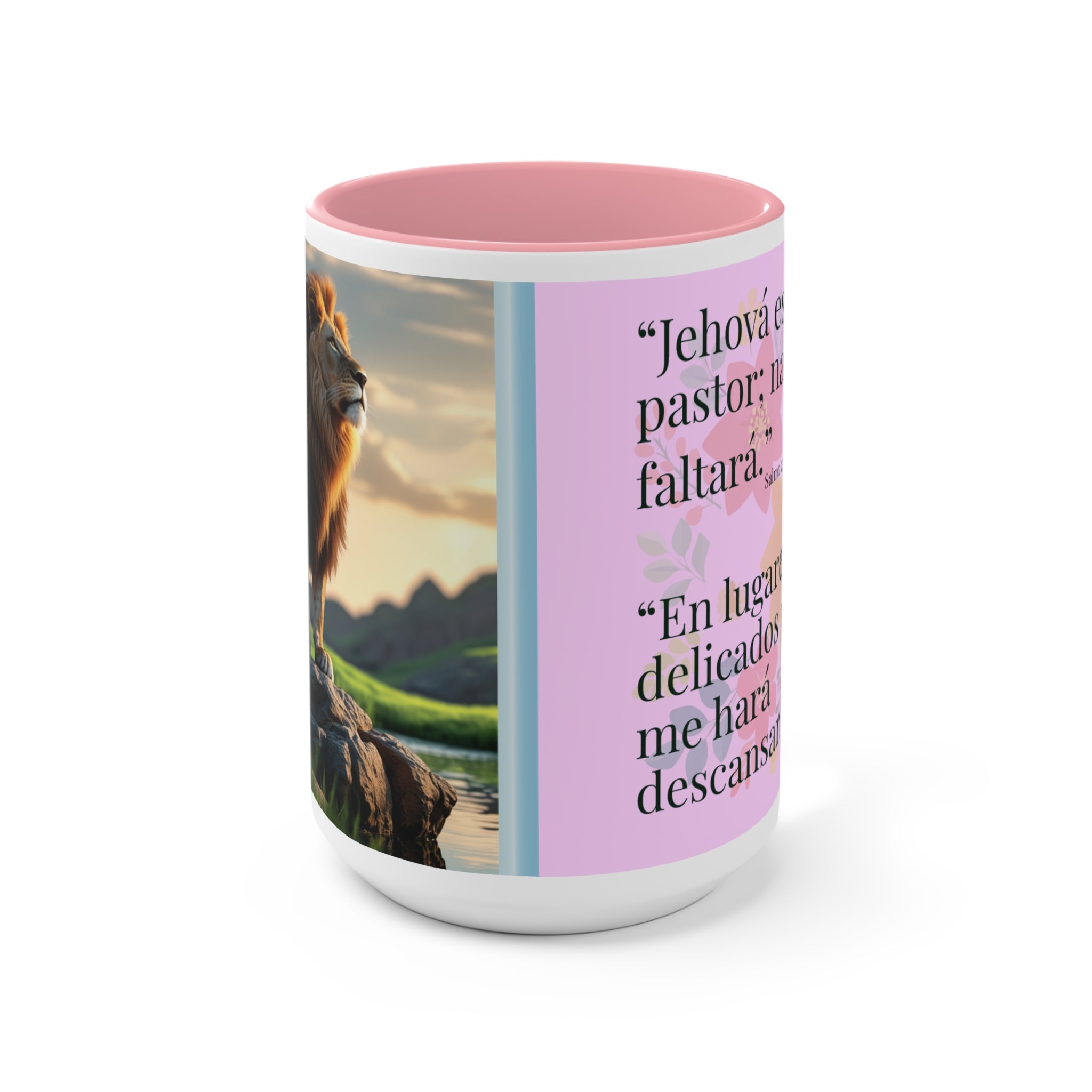 Lion Illustration Accent Mug | Bible Verse Spanish Text, Pink Interior
