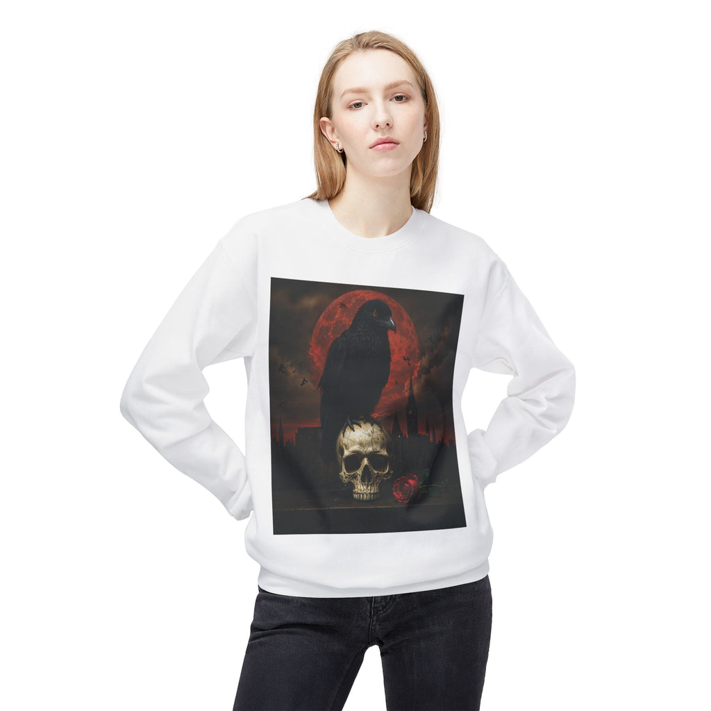 Raven on Skull Crewneck Sweatshirt | Skull Volcano Back Print