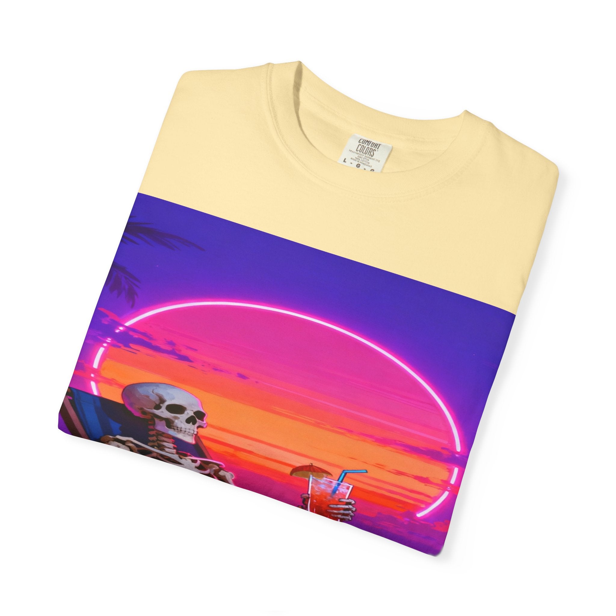 Skeleton on Beach T-shirt | Retro Neon Sunset Vaporwave