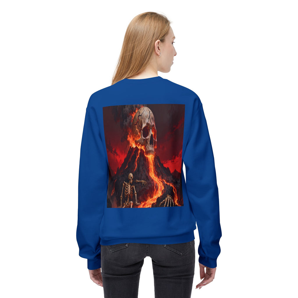 Raven on Skull Crewneck Sweatshirt | Skull Volcano Back Print