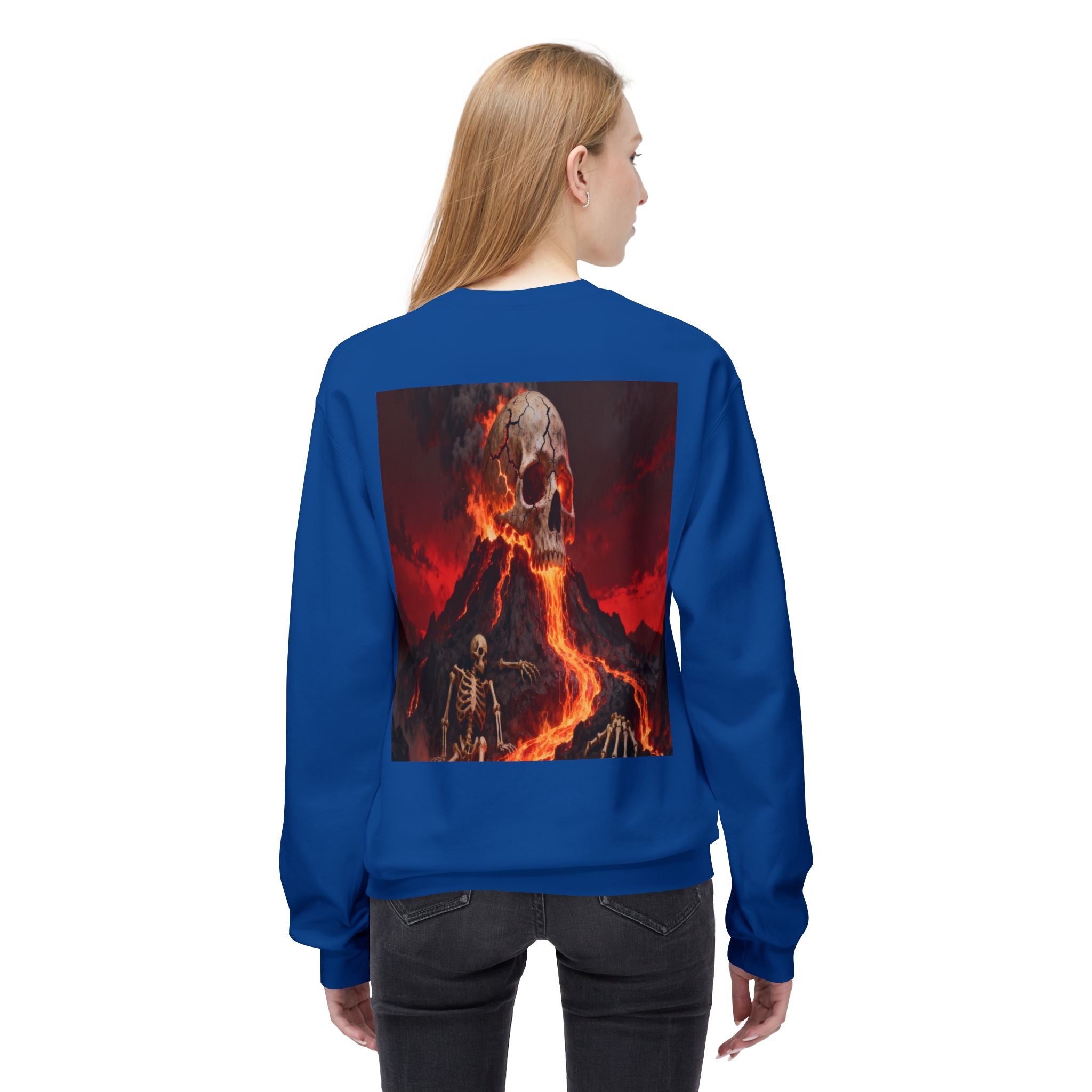 Raven on Skull Crewneck Sweatshirt | Skull Volcano Back Print