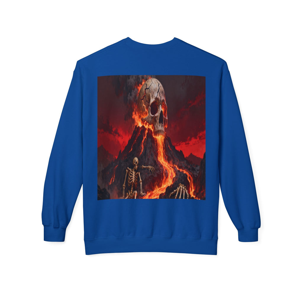 Raven on Skull Crewneck Sweatshirt | Skull Volcano Back Print