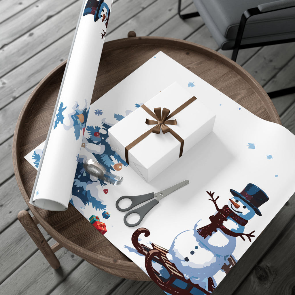 Snowman and Christmas Tree Gift Wrap Paper | Winter Snowflake Wrapping Paper