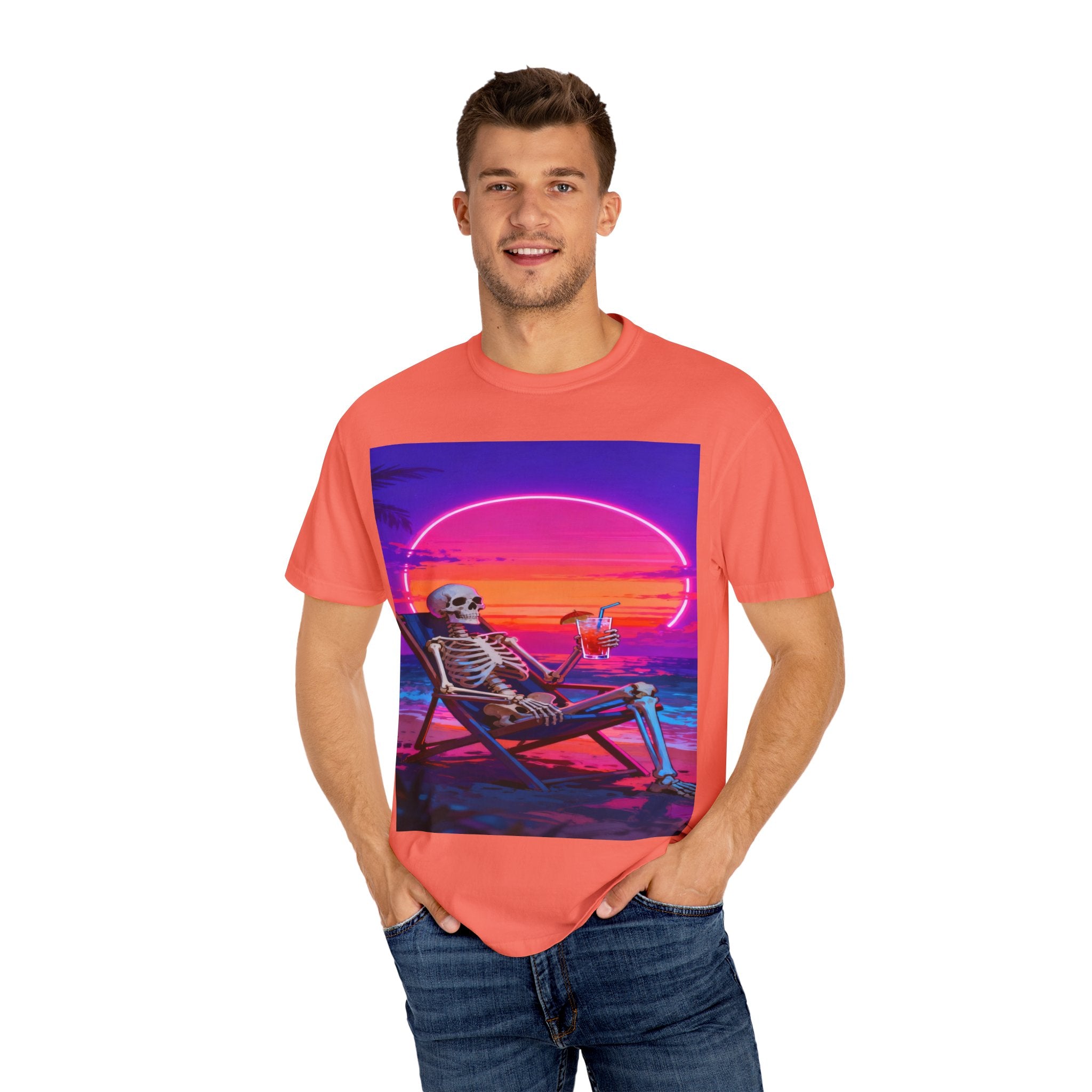 Skeleton on Beach T-shirt | Retro Neon Sunset Vaporwave