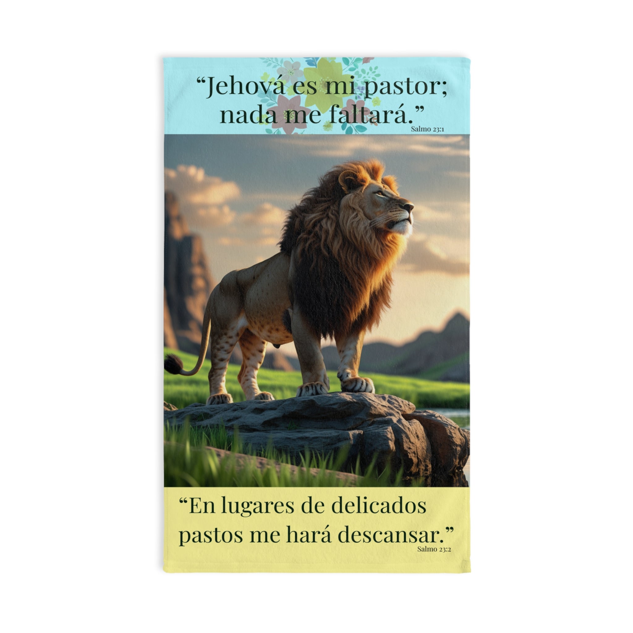 Biblical Lion Illustration Hand Towel | Psalm 23 Spanish Scripture