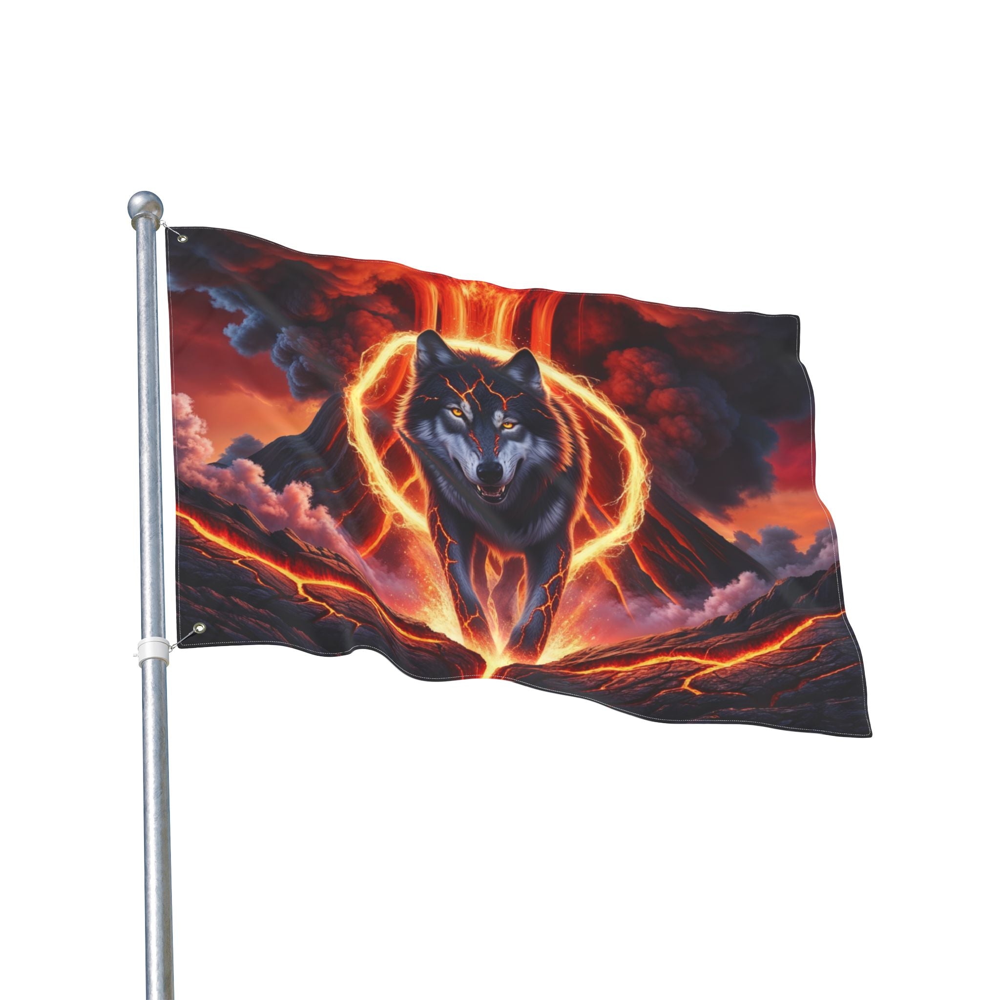 Fiery Wolf with Lava Ring Flag | Double-Sided Flag, Volcano Night Scene