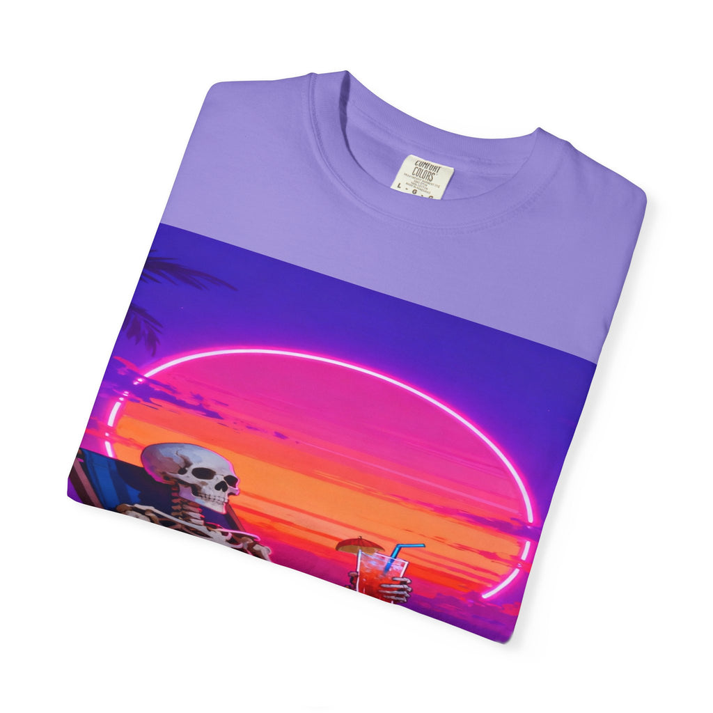 Skeleton on Beach T-shirt | Retro Neon Sunset Vaporwave