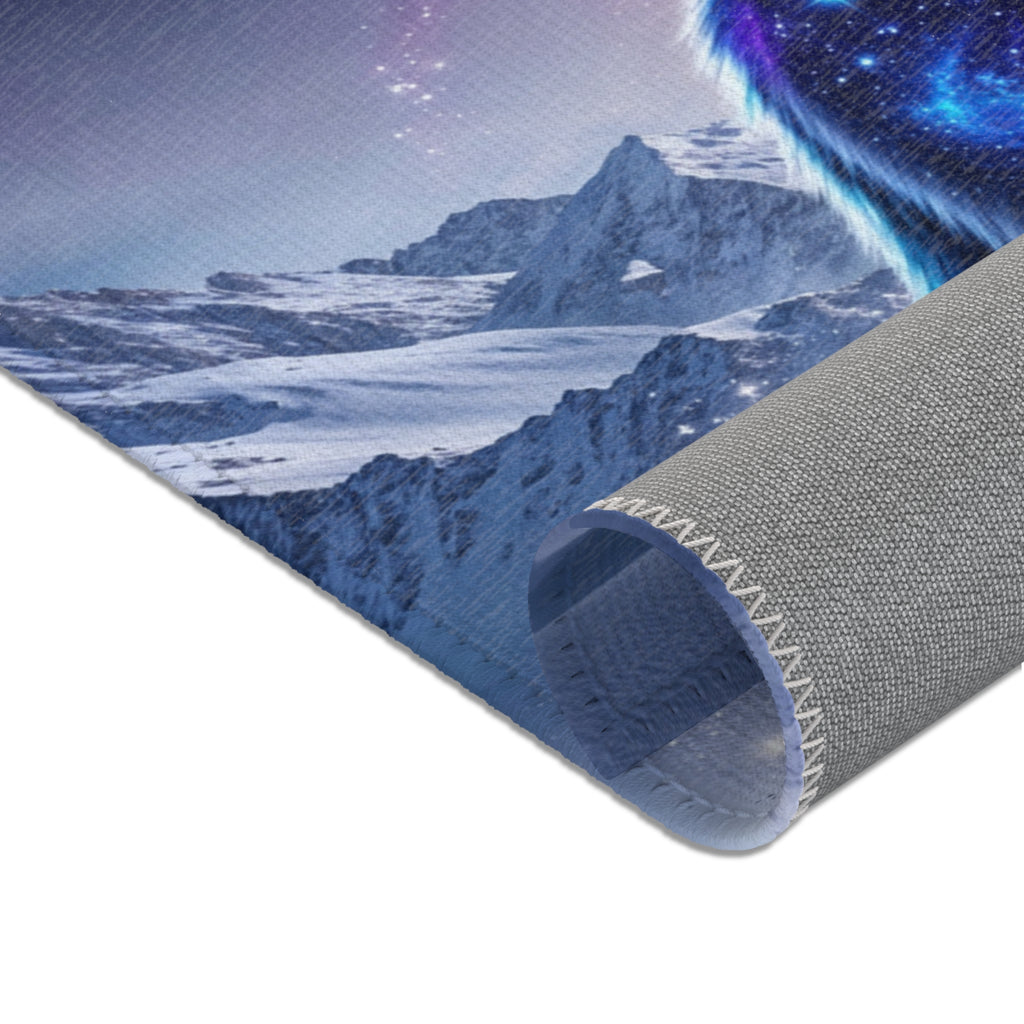 Galaxy Wolf Howling Area Rug | Cosmic Moon Night Sky, Blue Purple Nebula