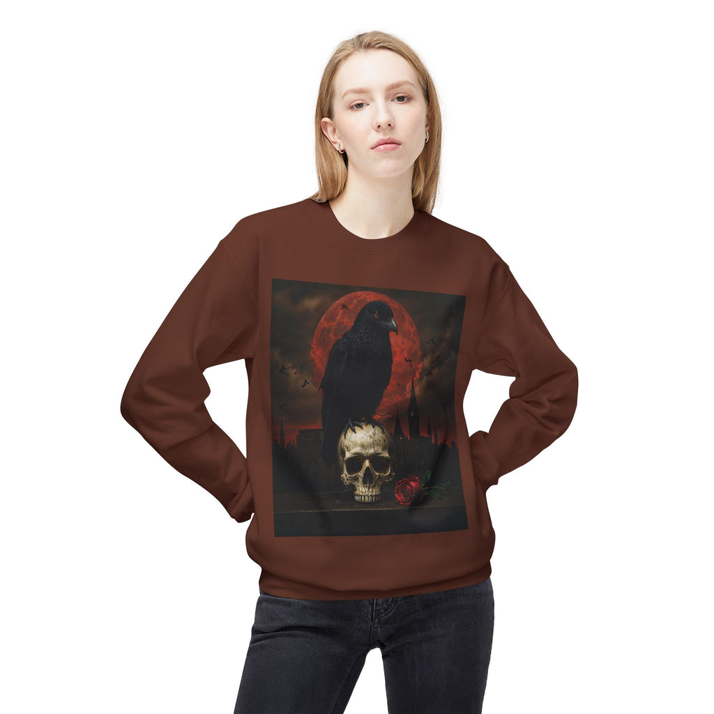 Raven on Skull Crewneck Sweatshirt | Skull Volcano Back Print