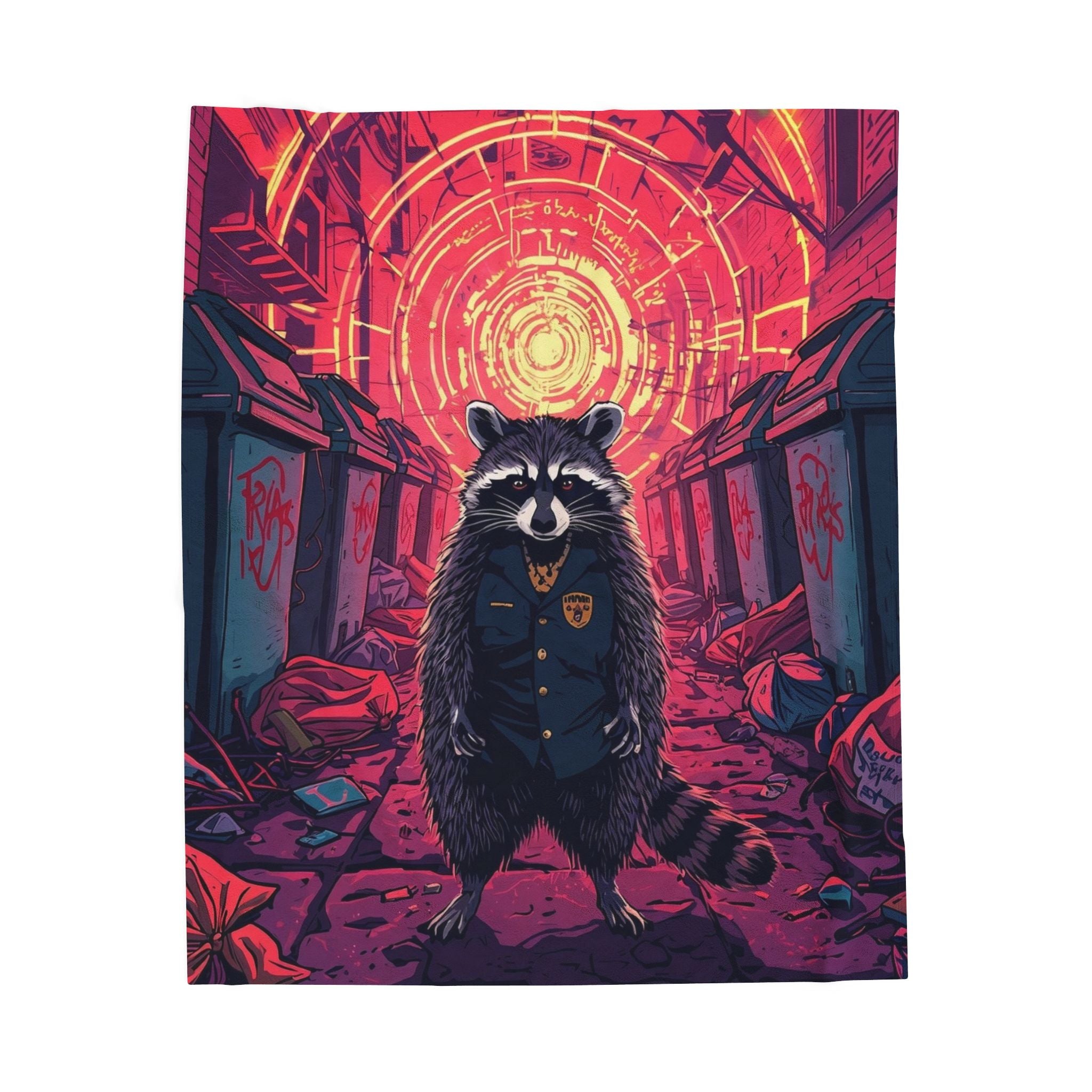 Cyberpunk Raccoon Patrol Velveteen Plush Blanket | Neon Alley Art Throw