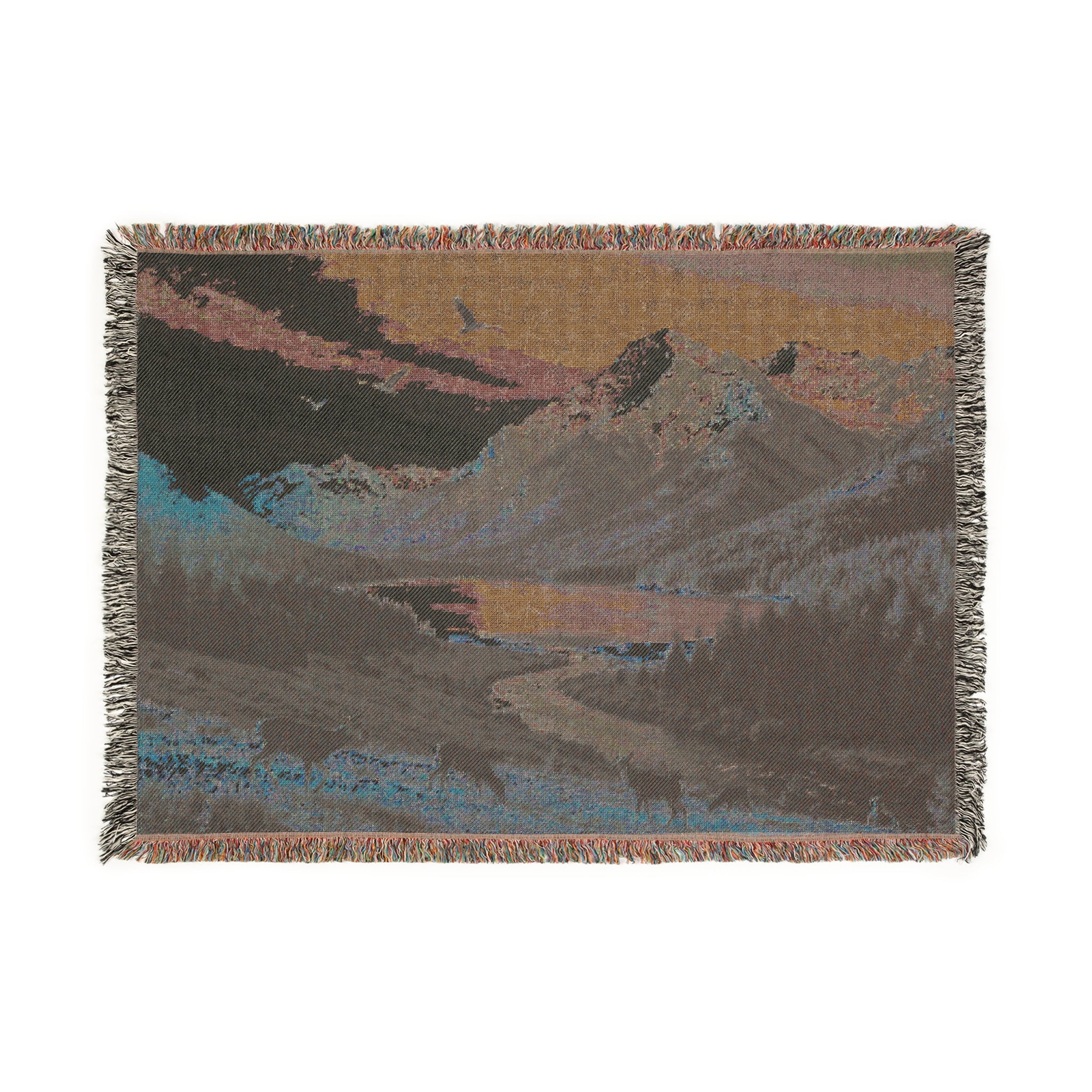 Mountain Lake Landscape Woven Blanket | Scenic Cabin Decor, River Valley Throw