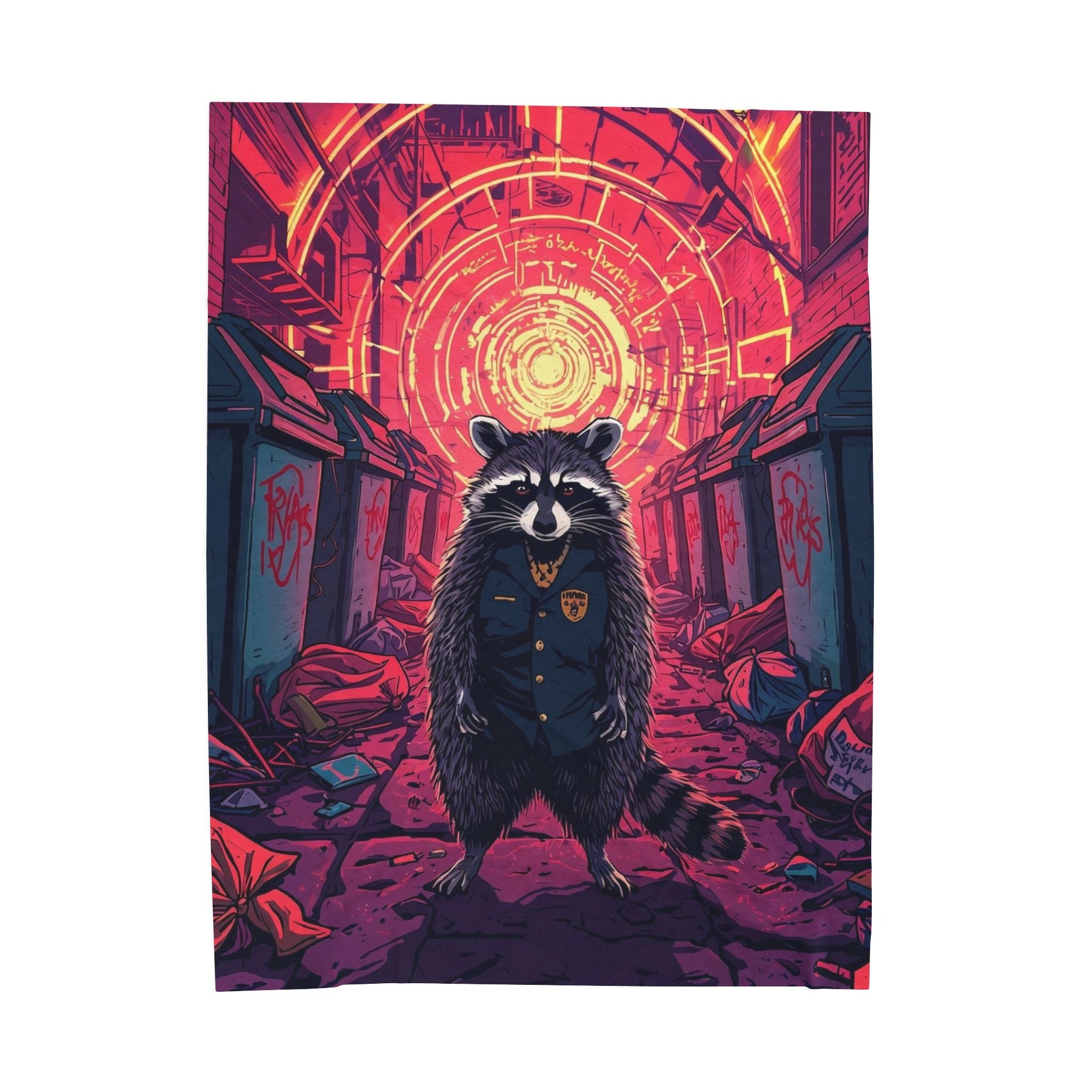 Cyberpunk Raccoon Patrol Velveteen Plush Blanket | Neon Alley Art Throw