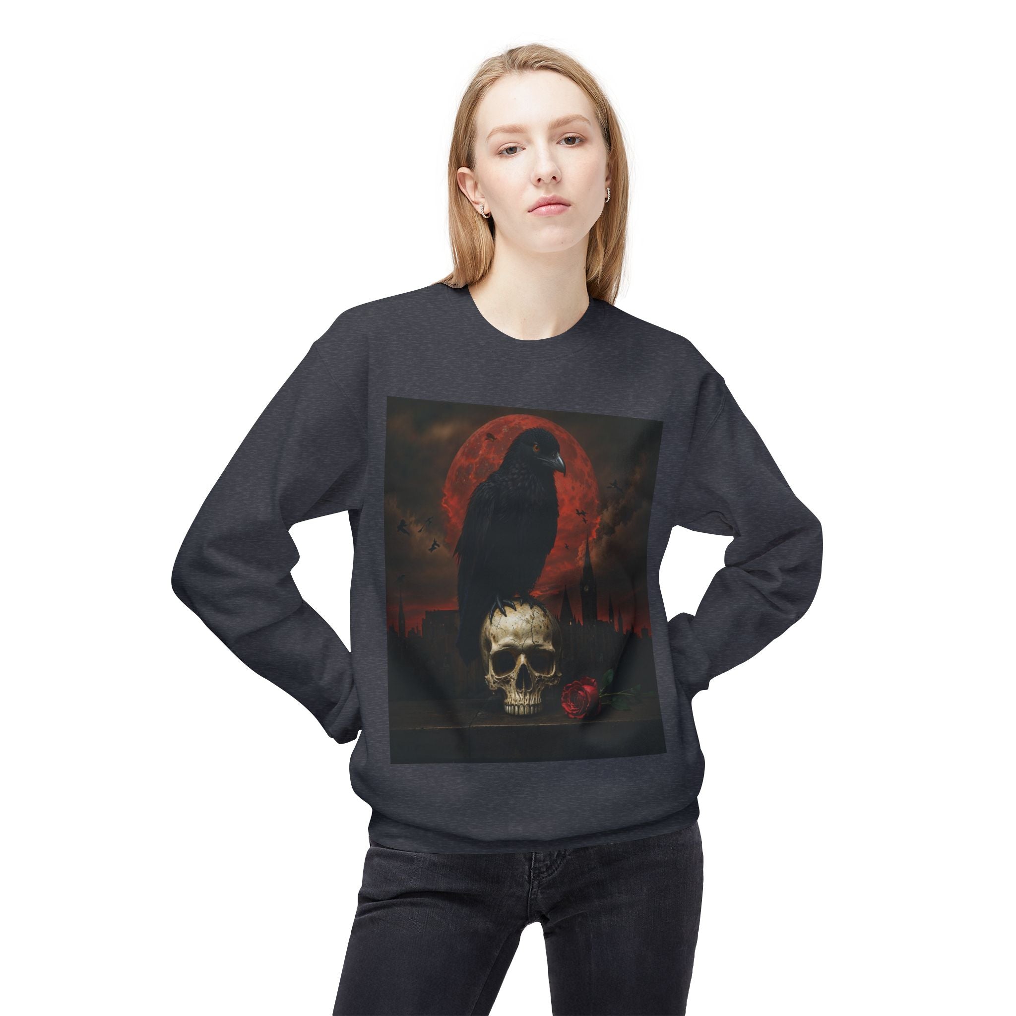 Raven on Skull Crewneck Sweatshirt | Skull Volcano Back Print