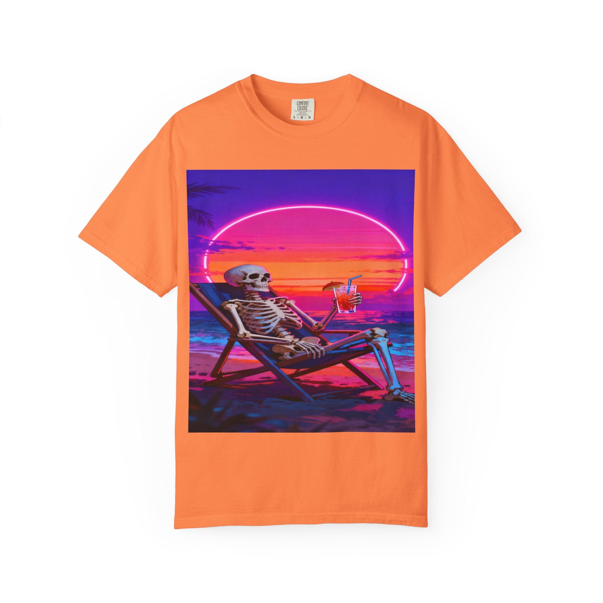 Skeleton on Beach T-shirt | Retro Neon Sunset Vaporwave