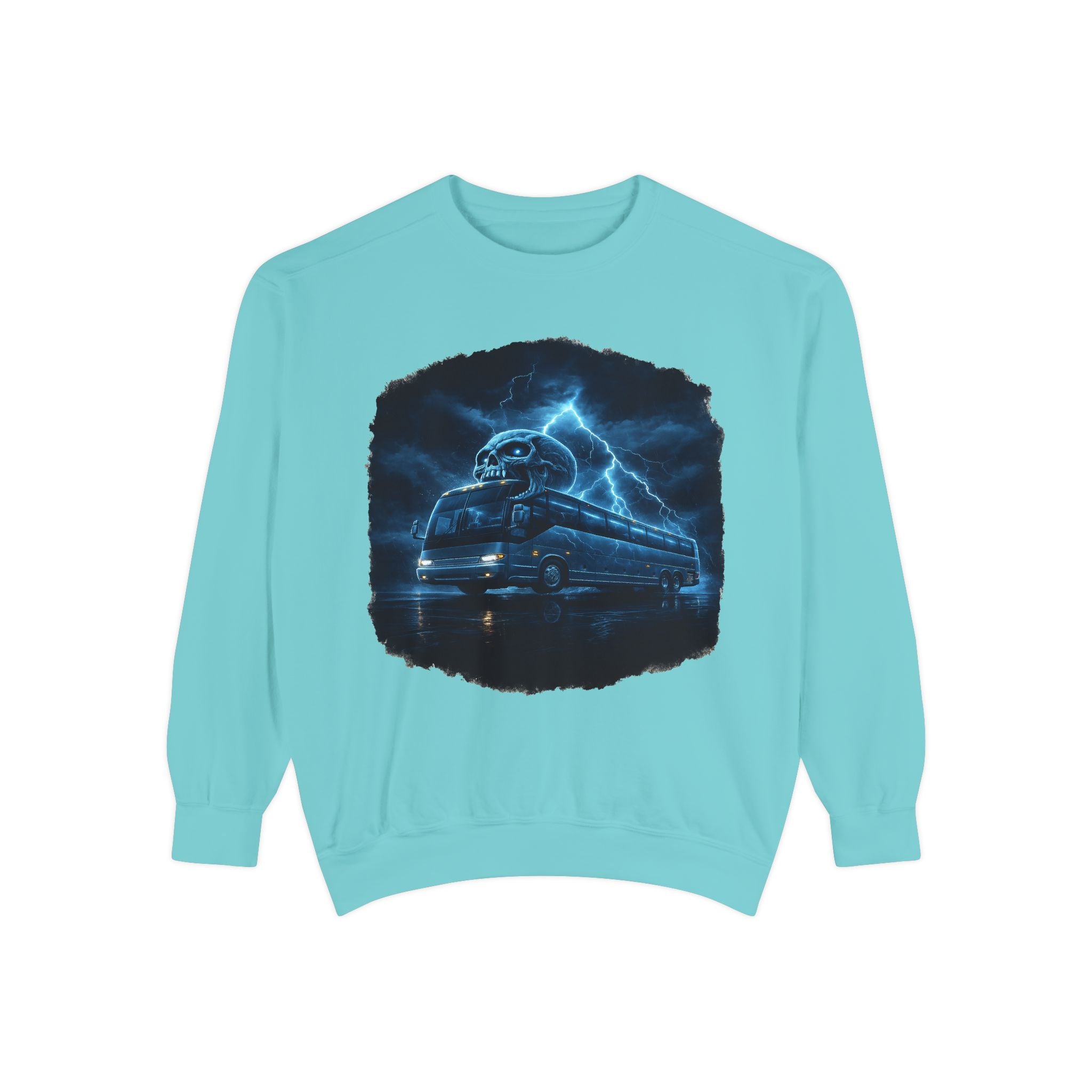 Ghostly Night Bus Sweatshirt — Haunted Storm Road Trip Crewneck