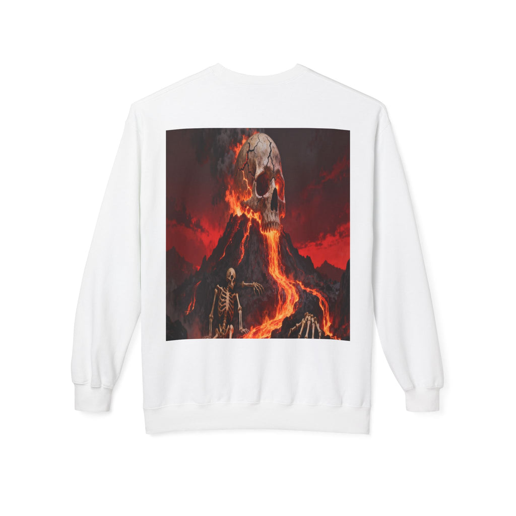 Raven on Skull Crewneck Sweatshirt | Skull Volcano Back Print