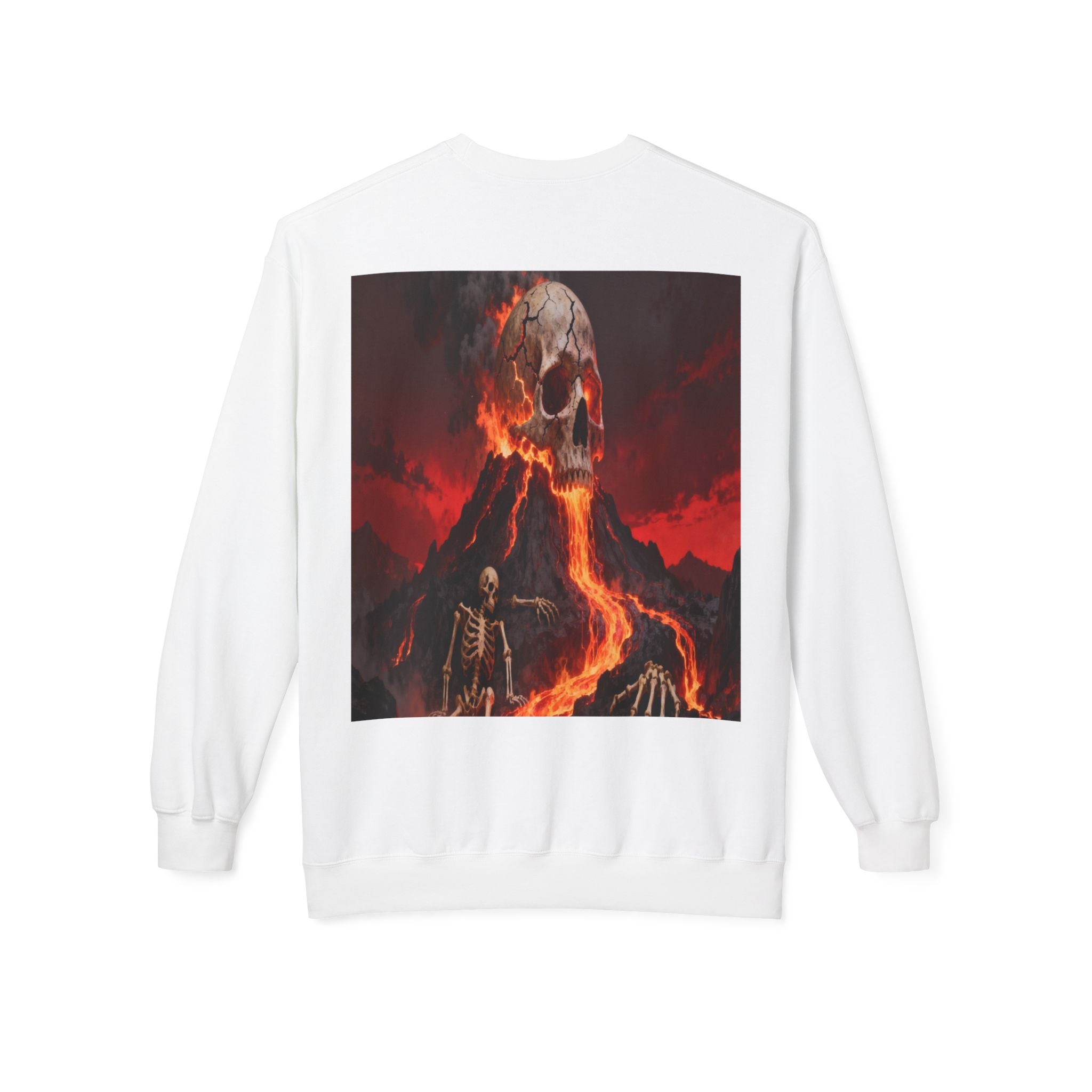 Raven on Skull Crewneck Sweatshirt | Skull Volcano Back Print