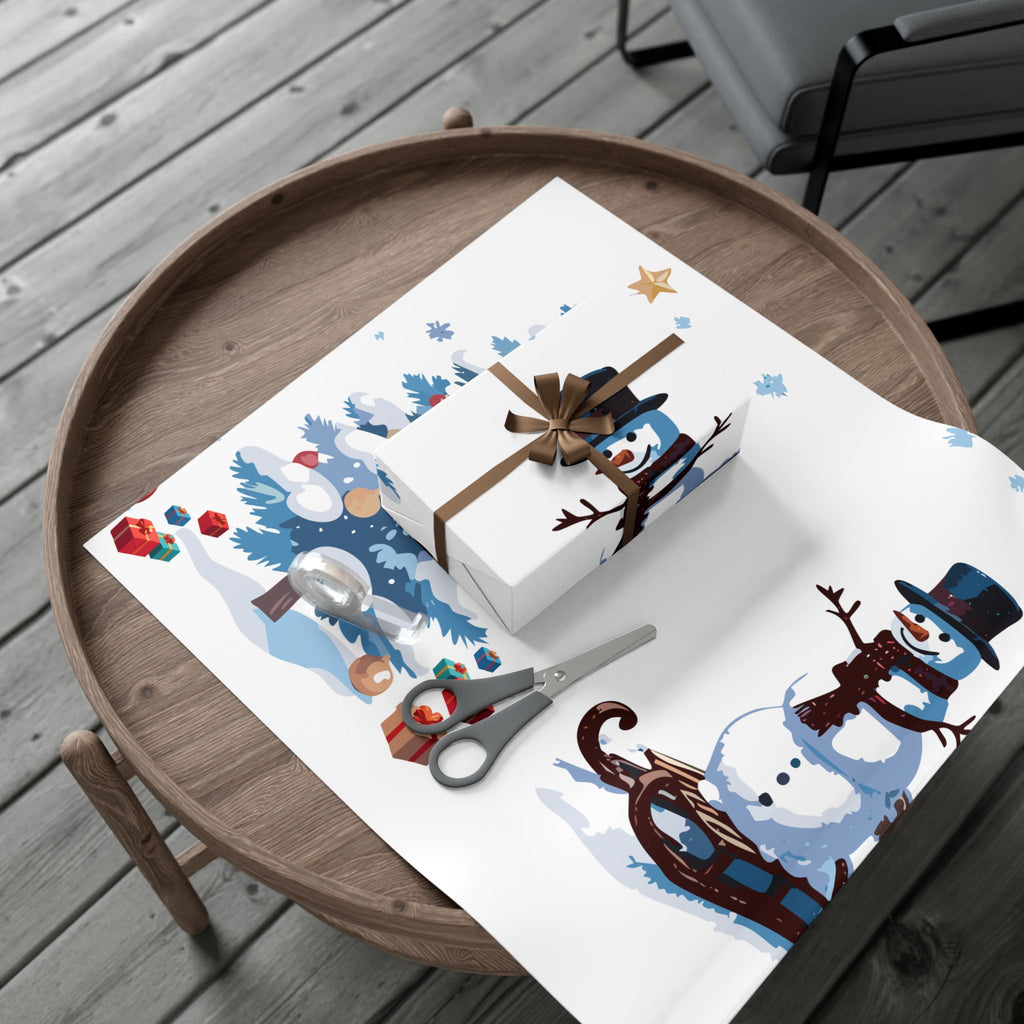 Snowman and Christmas Tree Gift Wrap Paper | Winter Snowflake Wrapping Paper