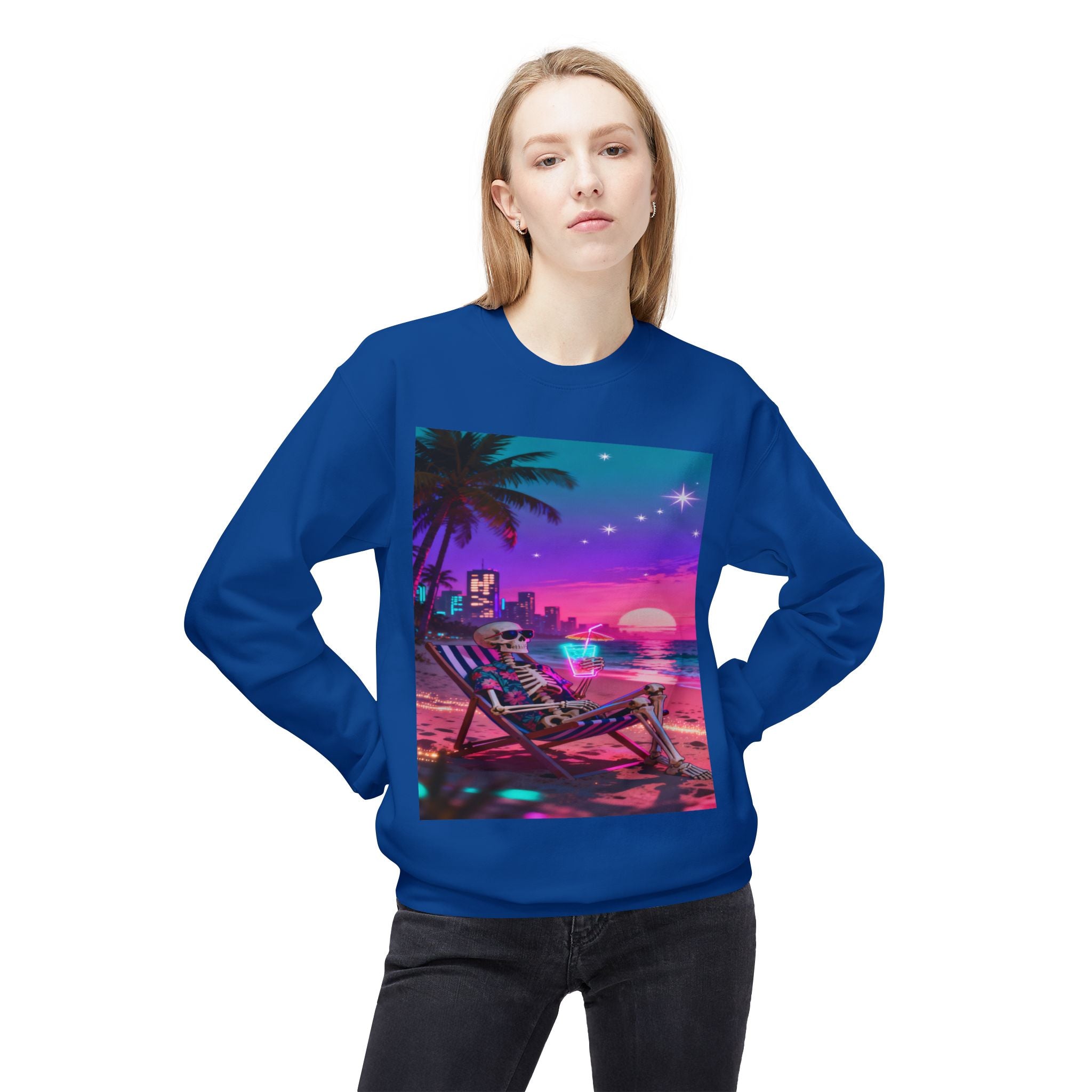 Retro Vaporwave Skeleton Beach Sweatshirt | Neon Sunset Aesthetic