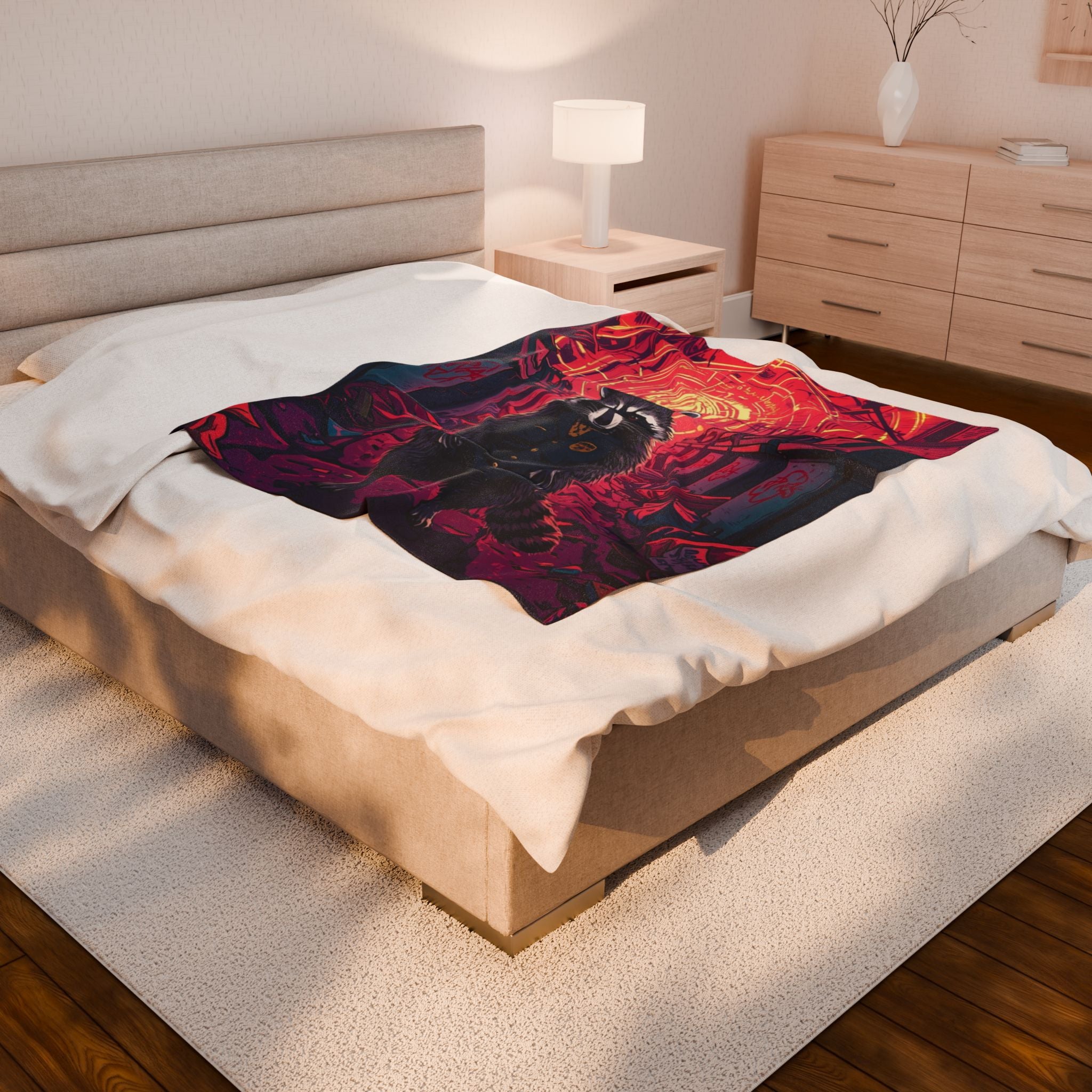 Cyberpunk Raccoon Patrol Velveteen Plush Blanket | Neon Alley Art Throw