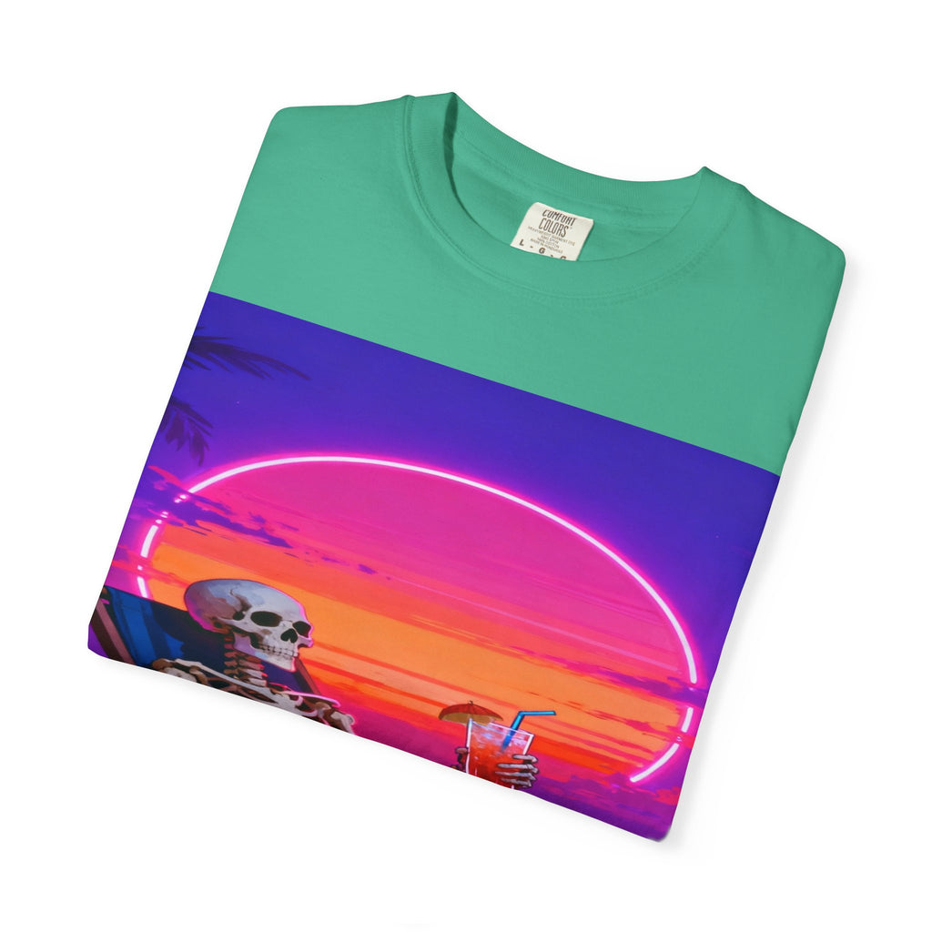 Skeleton on Beach T-shirt | Retro Neon Sunset Vaporwave