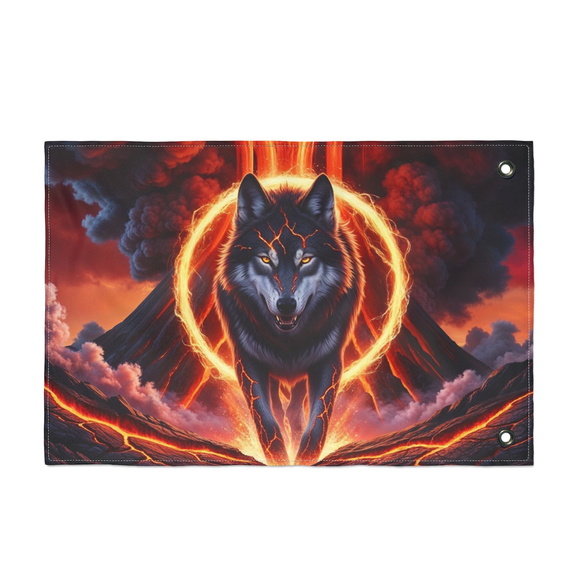 Fiery Wolf with Lava Ring Flag | Double-Sided Flag, Volcano Night Scene