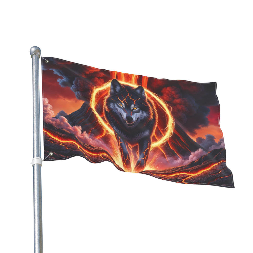 Fiery Wolf with Lava Ring Flag | Double-Sided Flag, Volcano Night Scene