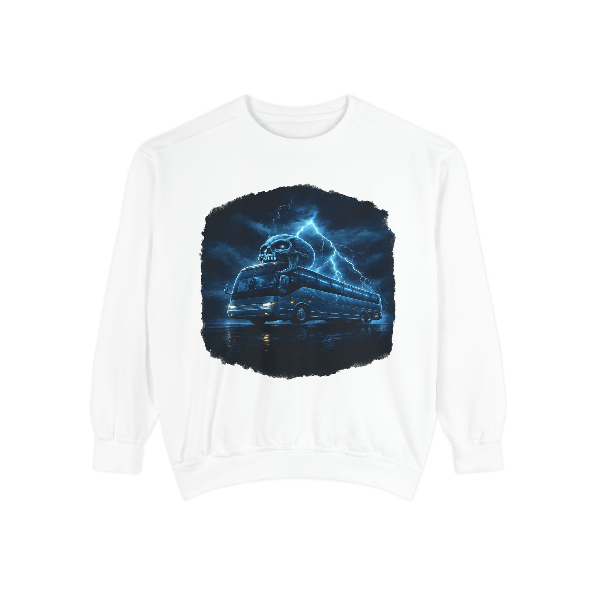Ghostly Night Bus Sweatshirt — Haunted Storm Road Trip Crewneck
