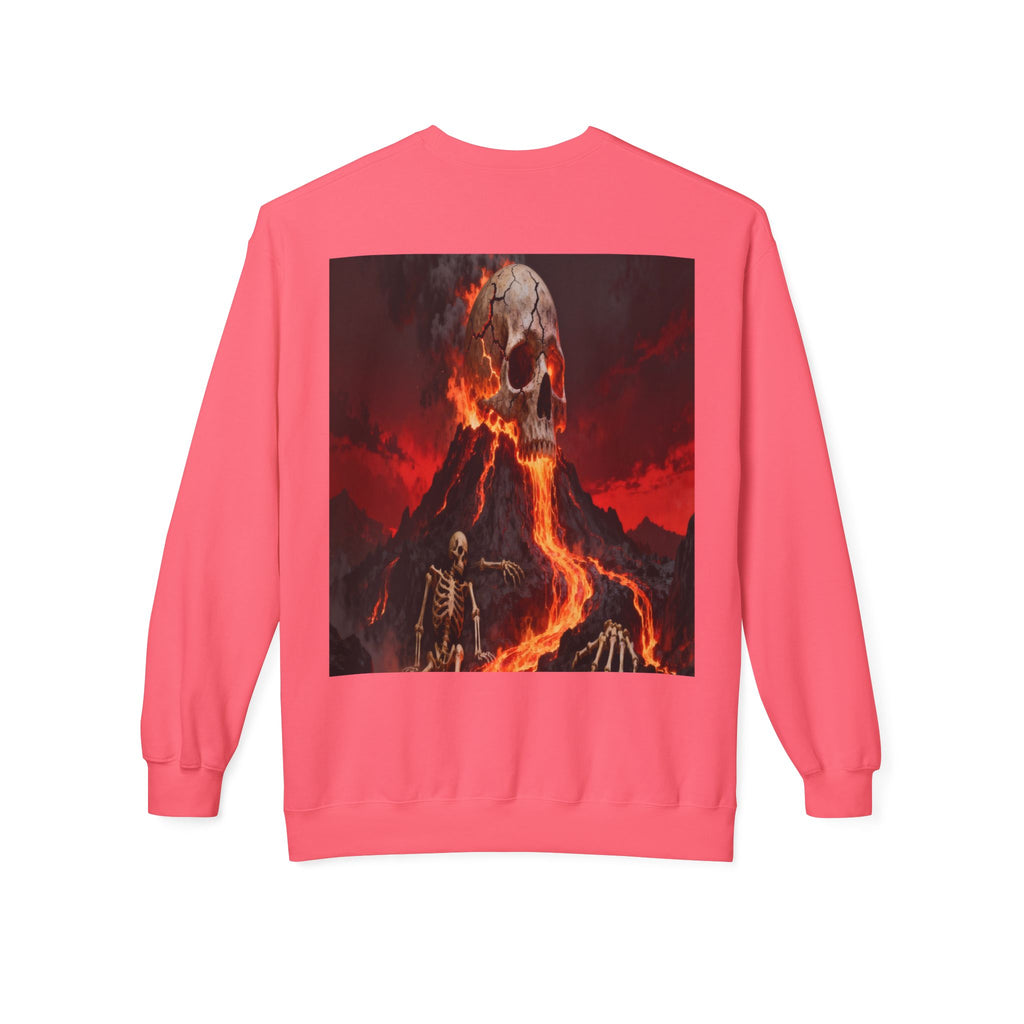 Raven on Skull Crewneck Sweatshirt | Skull Volcano Back Print