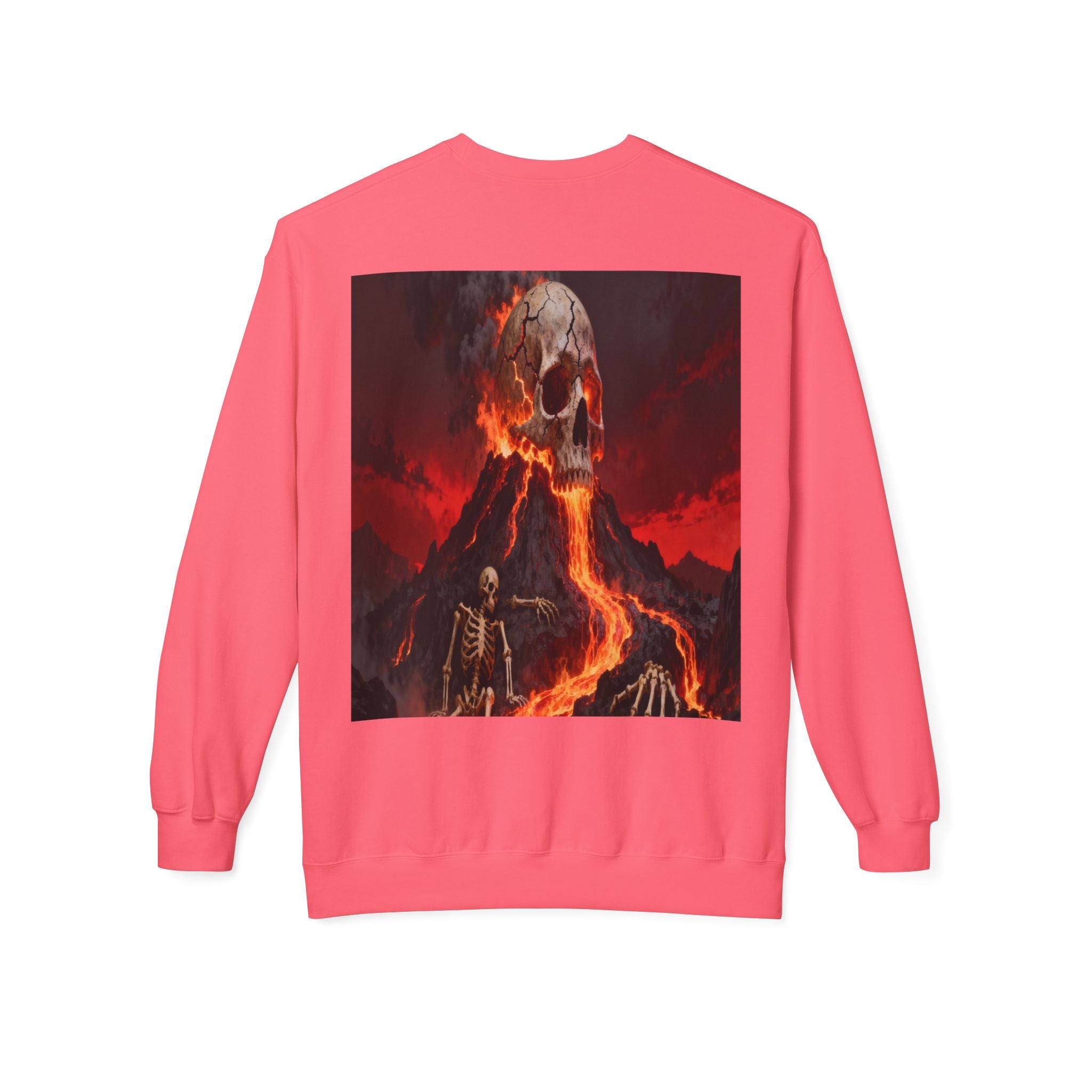 Raven on Skull Crewneck Sweatshirt | Skull Volcano Back Print